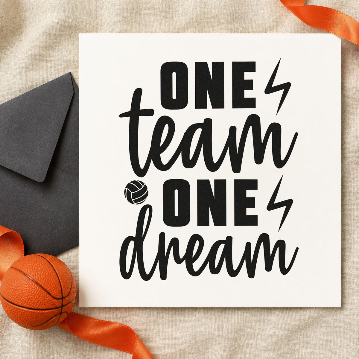 One Team One Dream rubber stamp printed in black ink, ready for bolt ball cards and similar paper crafts.