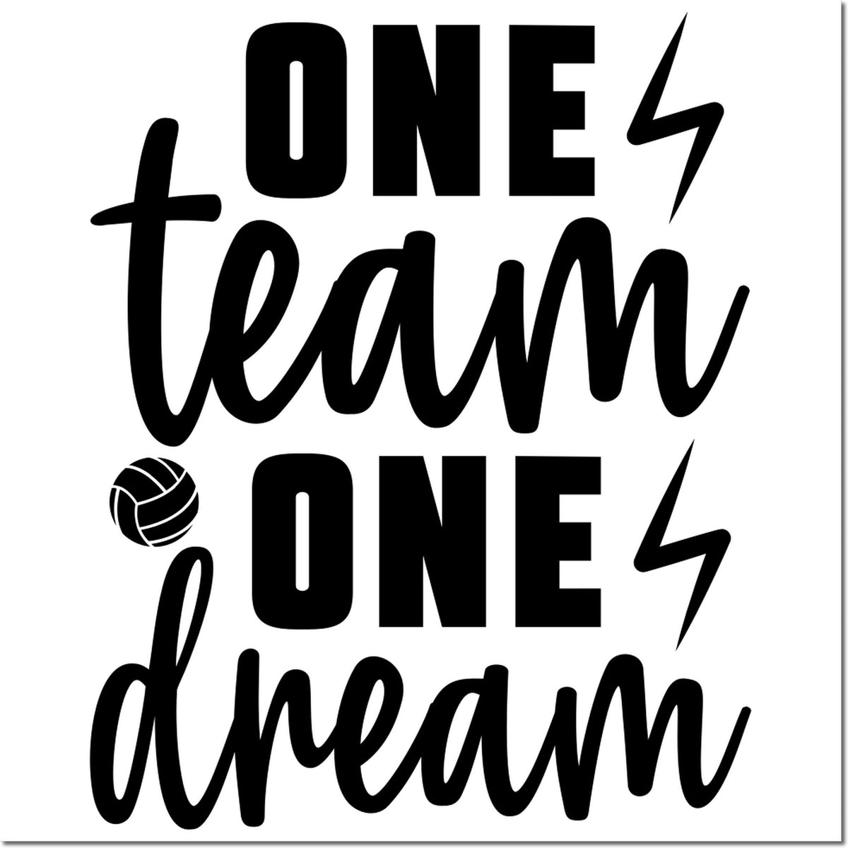 Black custom stamp and seal design reading One team one dream with lightning bolts and volleyball icon on white.