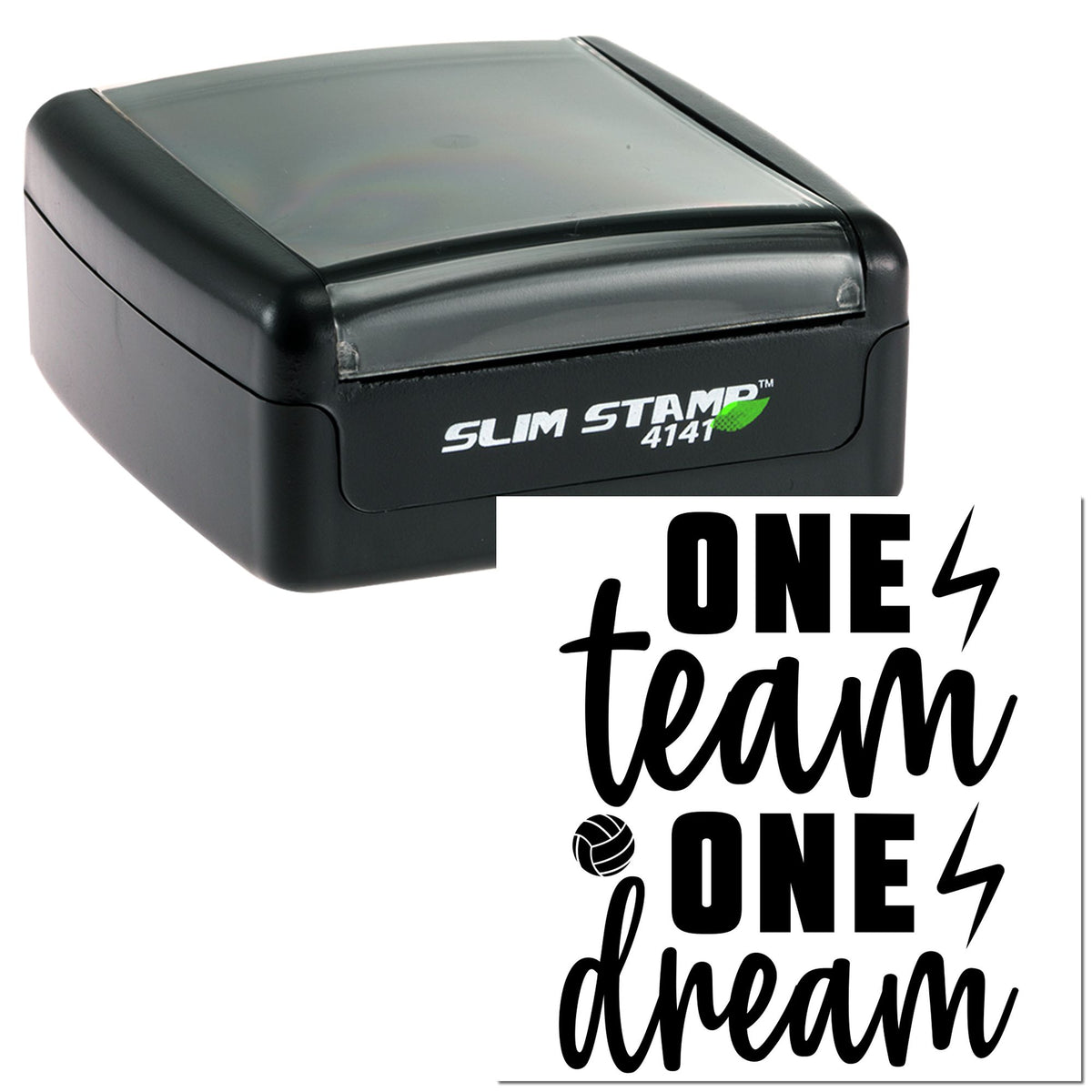 Black self-inking Slim Stamp 4141 with clear cover and One team one dream seal design on white background