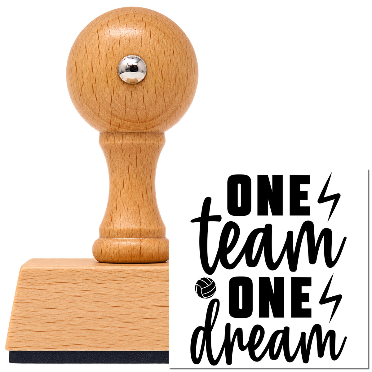 Vintage Pro beech wood stamp with a round knob handle, shown with its black Volleyball And Lightning One Team One Dream imprint on white.