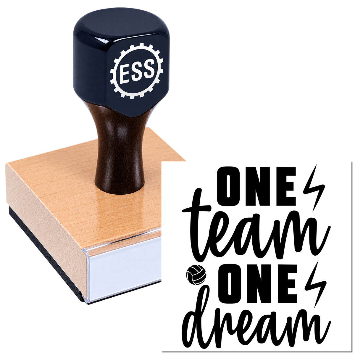 Black ESS custom stamp on a copper-colored seal block beside a bold black "ONE team ONE dream" seal design.