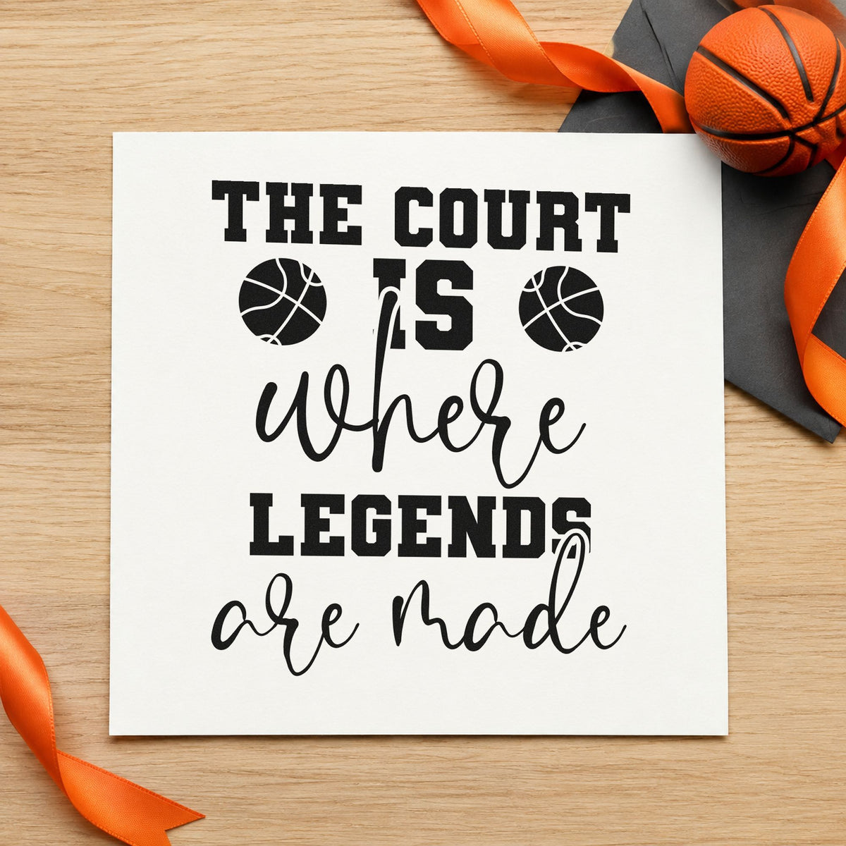 Court Where Legends Made craft stamp imprint in black ink on a handmade project, one idea being plaque gift tags.