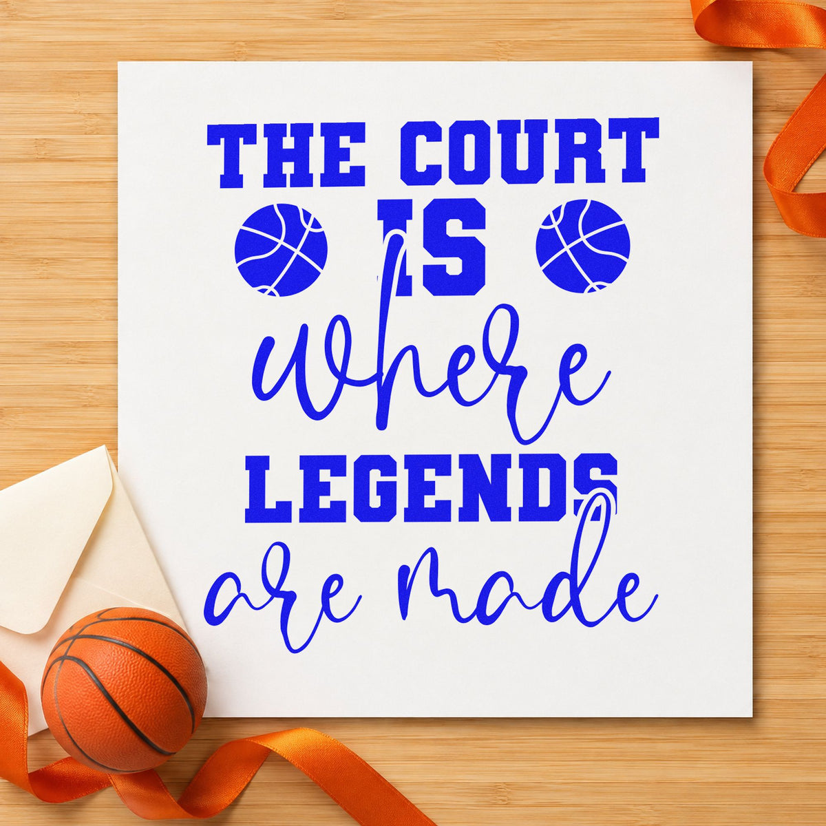 Court Where Legends Made craft stamp in blue ink on cardstock, an easy option for table cloth printing.