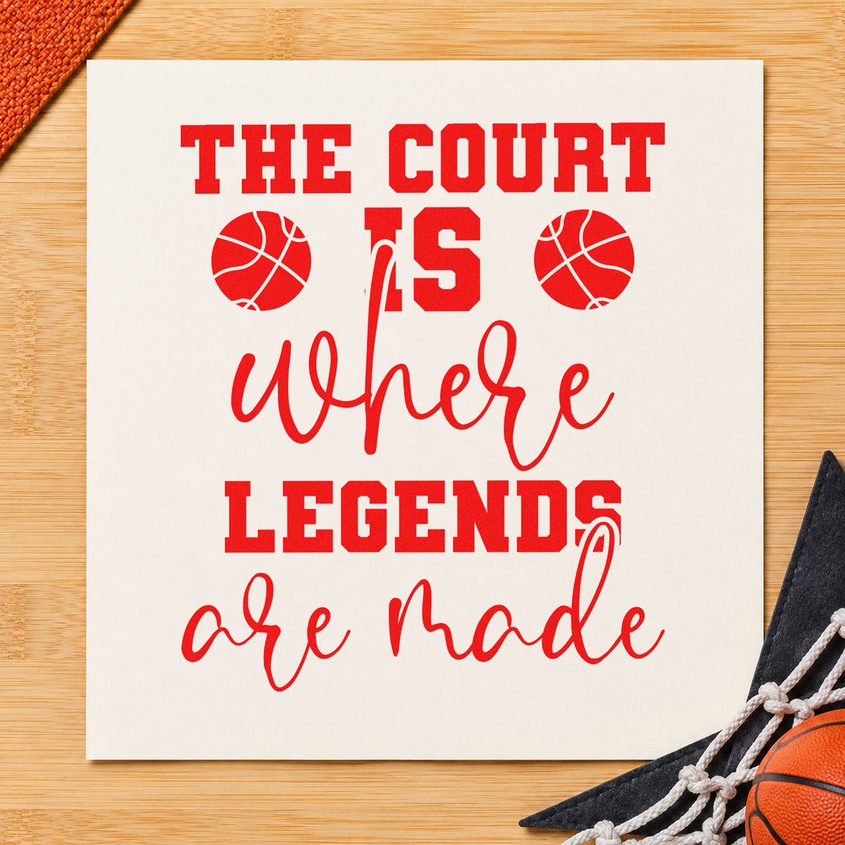 Court Where Legends Made rubber stamp shown in red ink, stamped for projects such as shelf trophy labels.