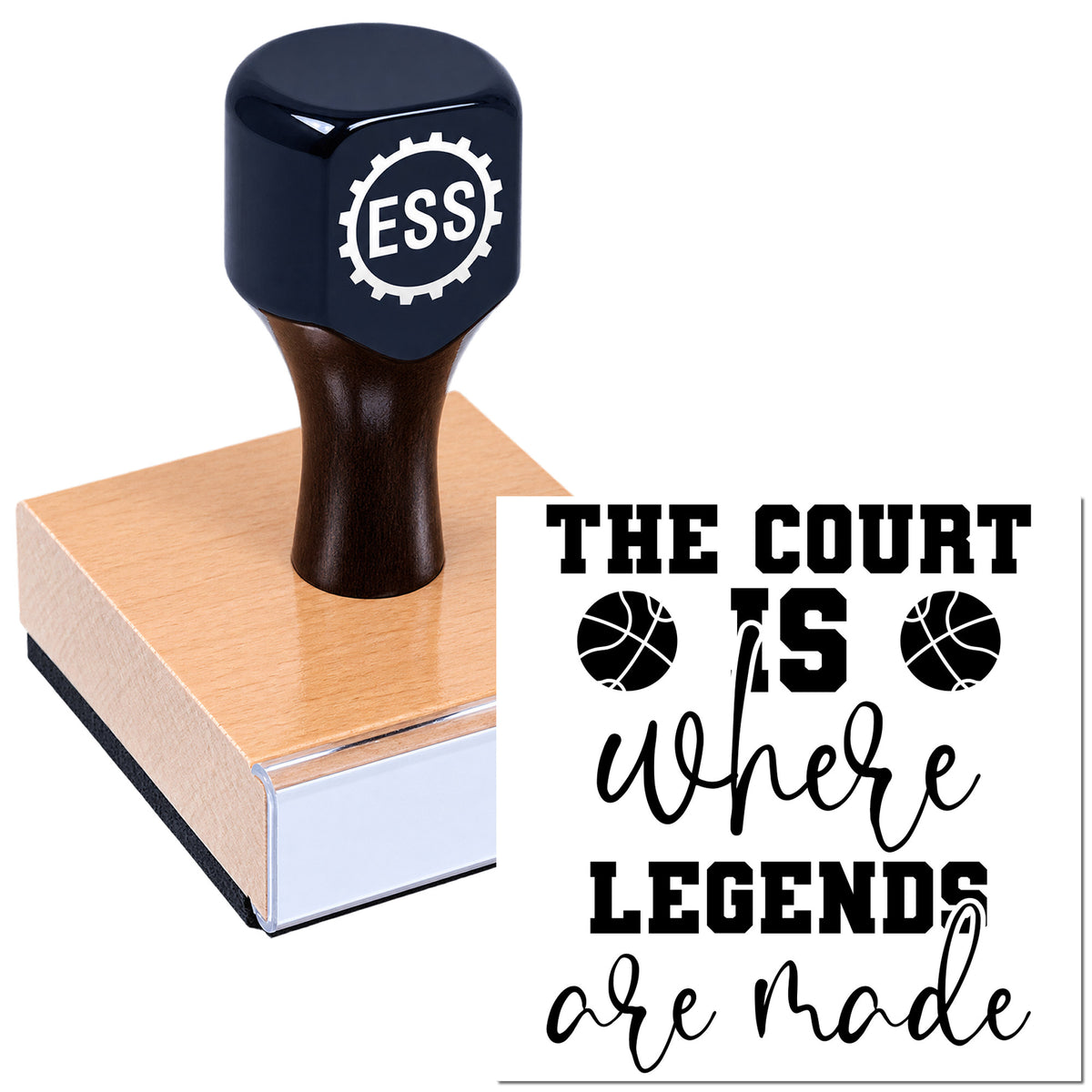 Black ESS rubber stamp on pink seal block, showing "The court is where legends are made" with basketball icons.
