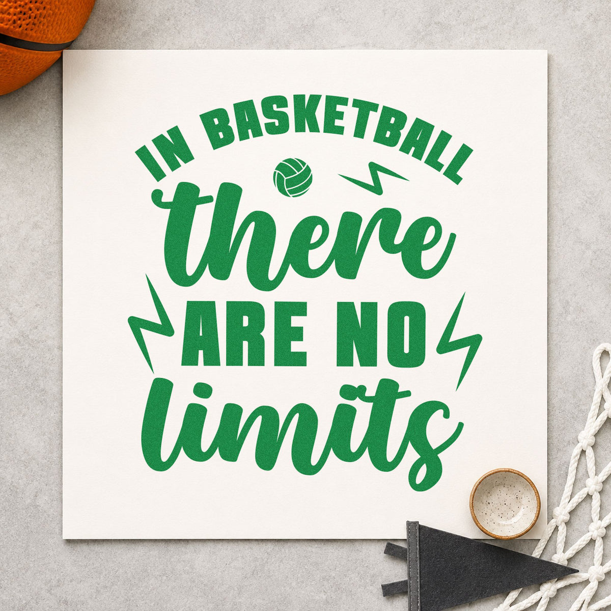 Basketball There No Limits craft stamp in green ink on cardstock, an easy option for intramural album page.