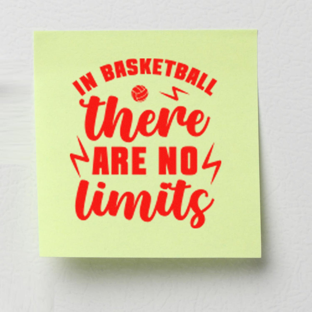 Light green stamp seal with red In basketball there are no limits text, basketball icon, and lightning bolts.