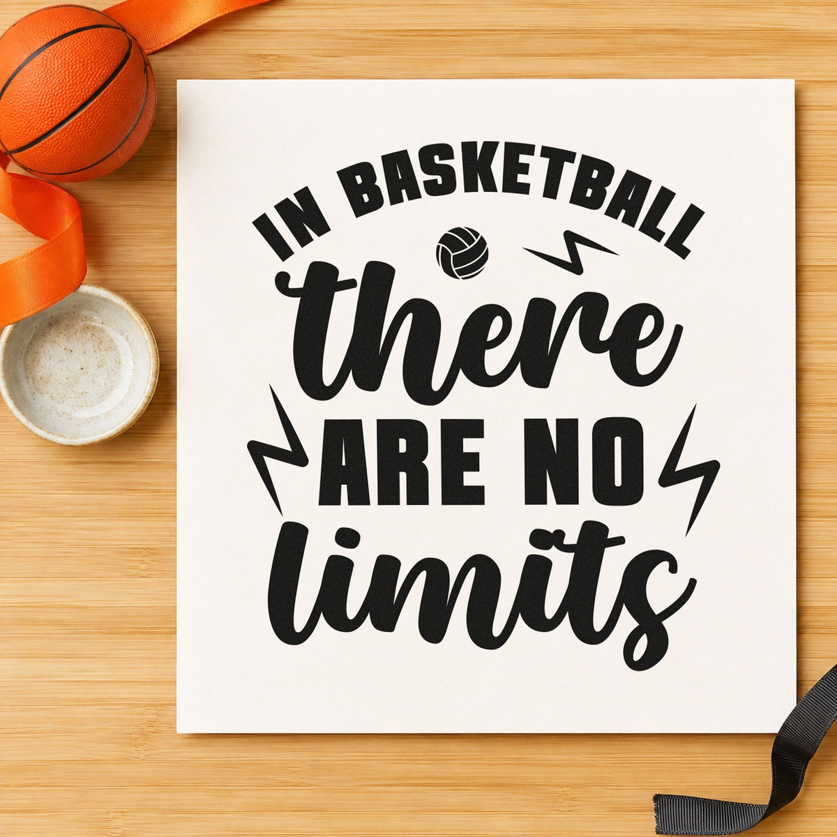Basketball There No Limits craft stamp imprint in black ink on a handmade project, one idea being pinnie gift tags.