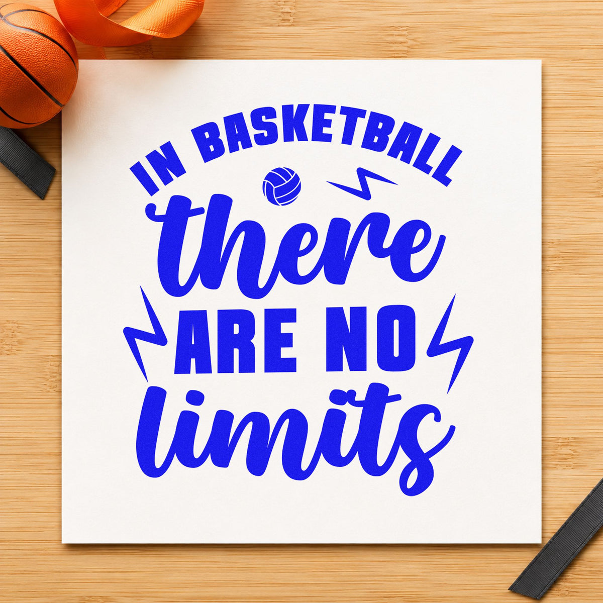 Basketball There No Limits craft stamp in blue ink on cardstock, an easy option for hall banner printing.