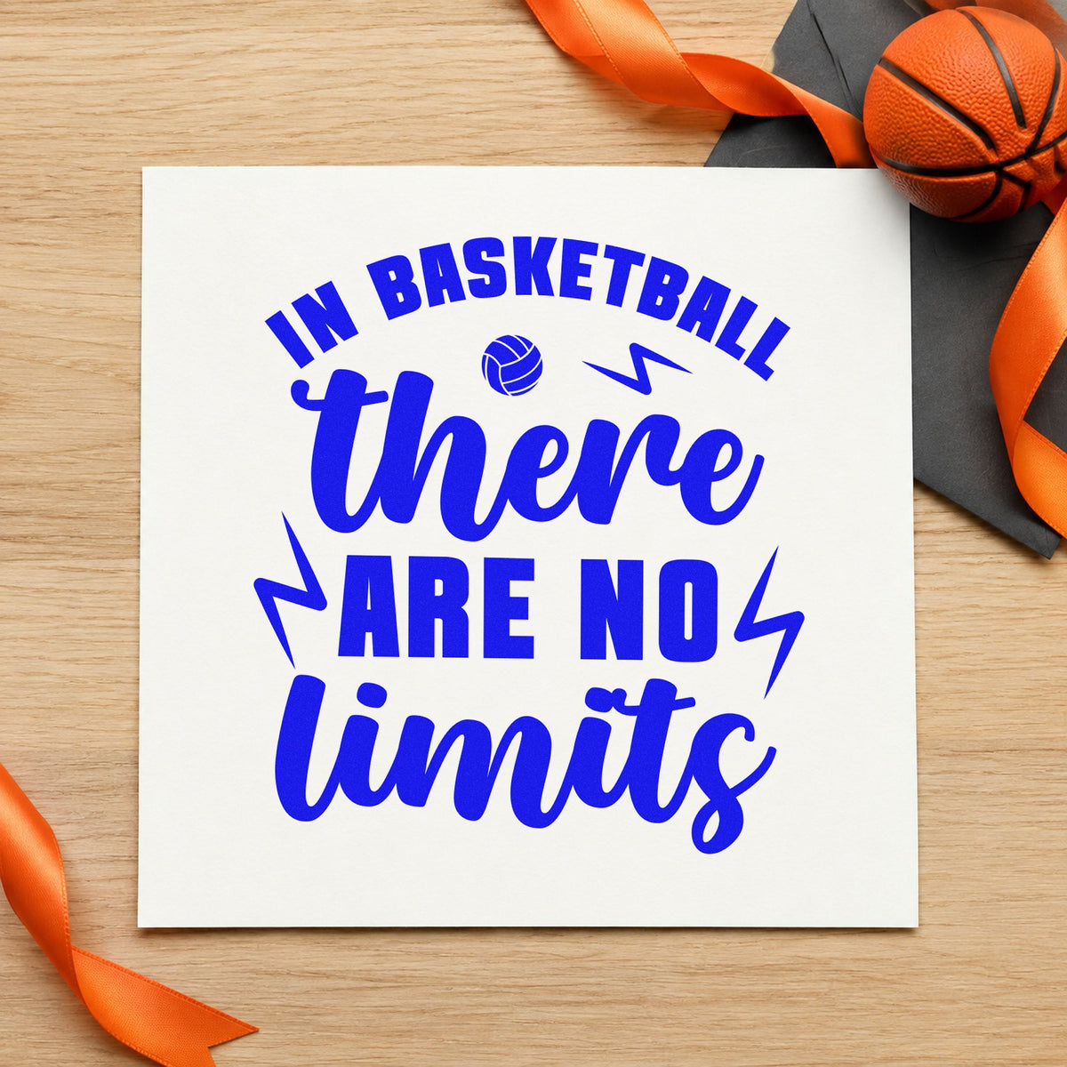Basketball There No Limits craft stamp imprinted in blue ink on paper, a design suited to framed common room.