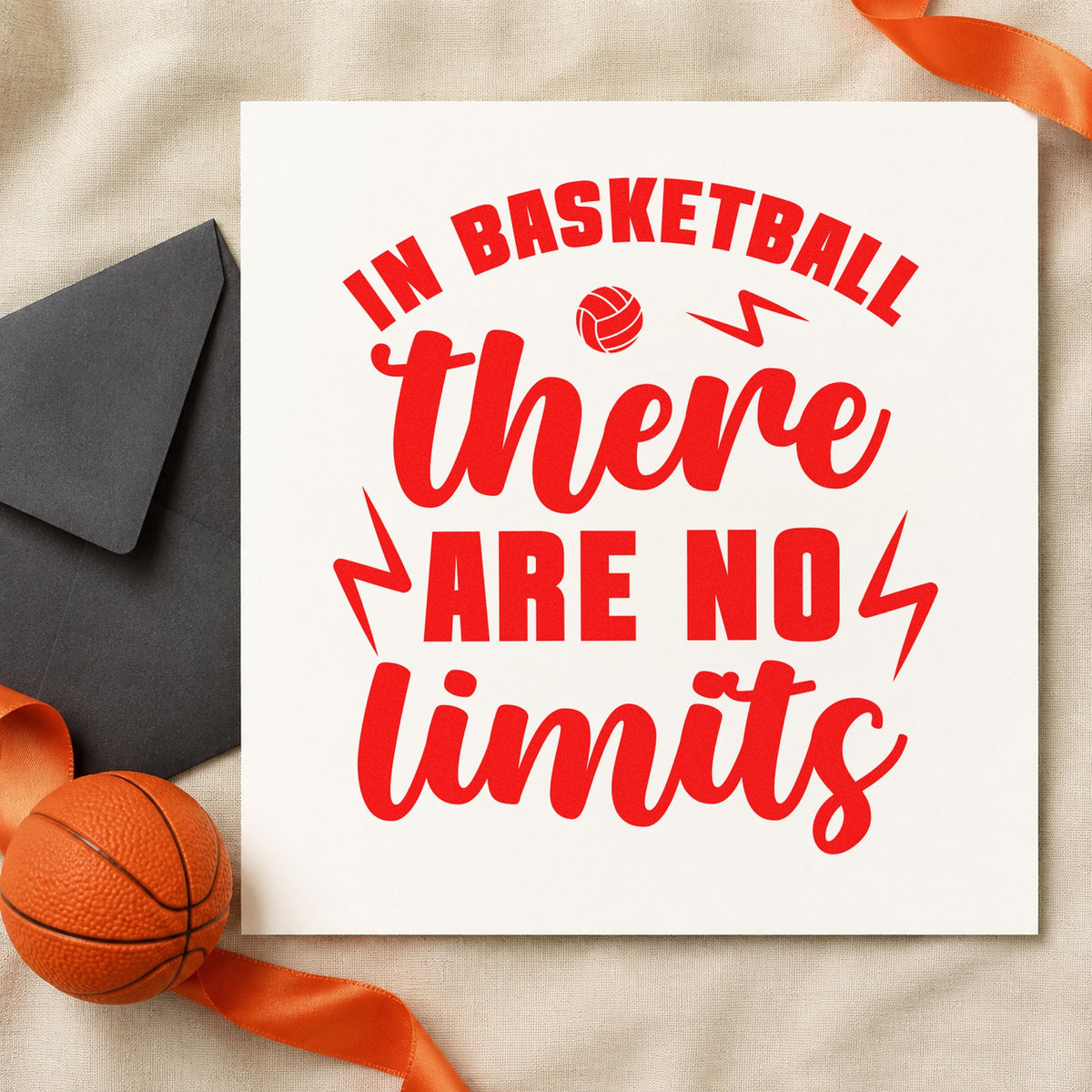 Basketball There No Limits rubber stamp shown in red ink, stamped for projects such as bin hall labels.