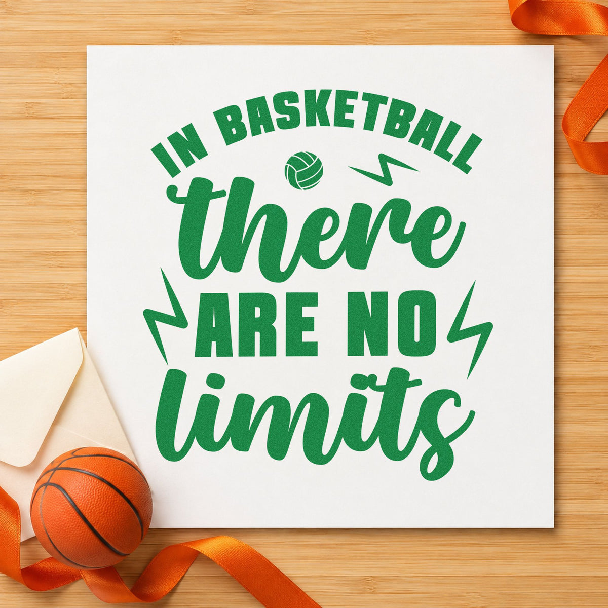 Basketball There No Limits craft stamp imprint in green ink on a handmade project, one idea being fixture slip cards.