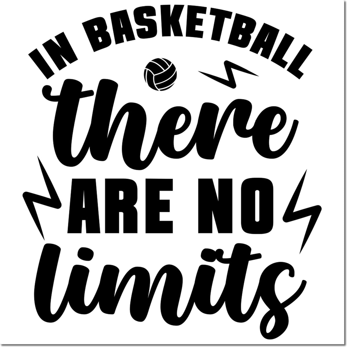 Black basketball stamp seal on white background with bold text, ball icon, and lightning bolts: In basketball there are no limits