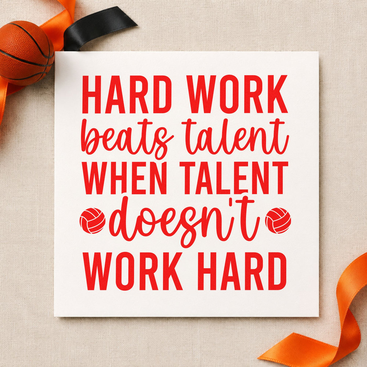 Hard Work Beats Talent rubber stamp shown in red ink, stamped for projects such as bin station labels.