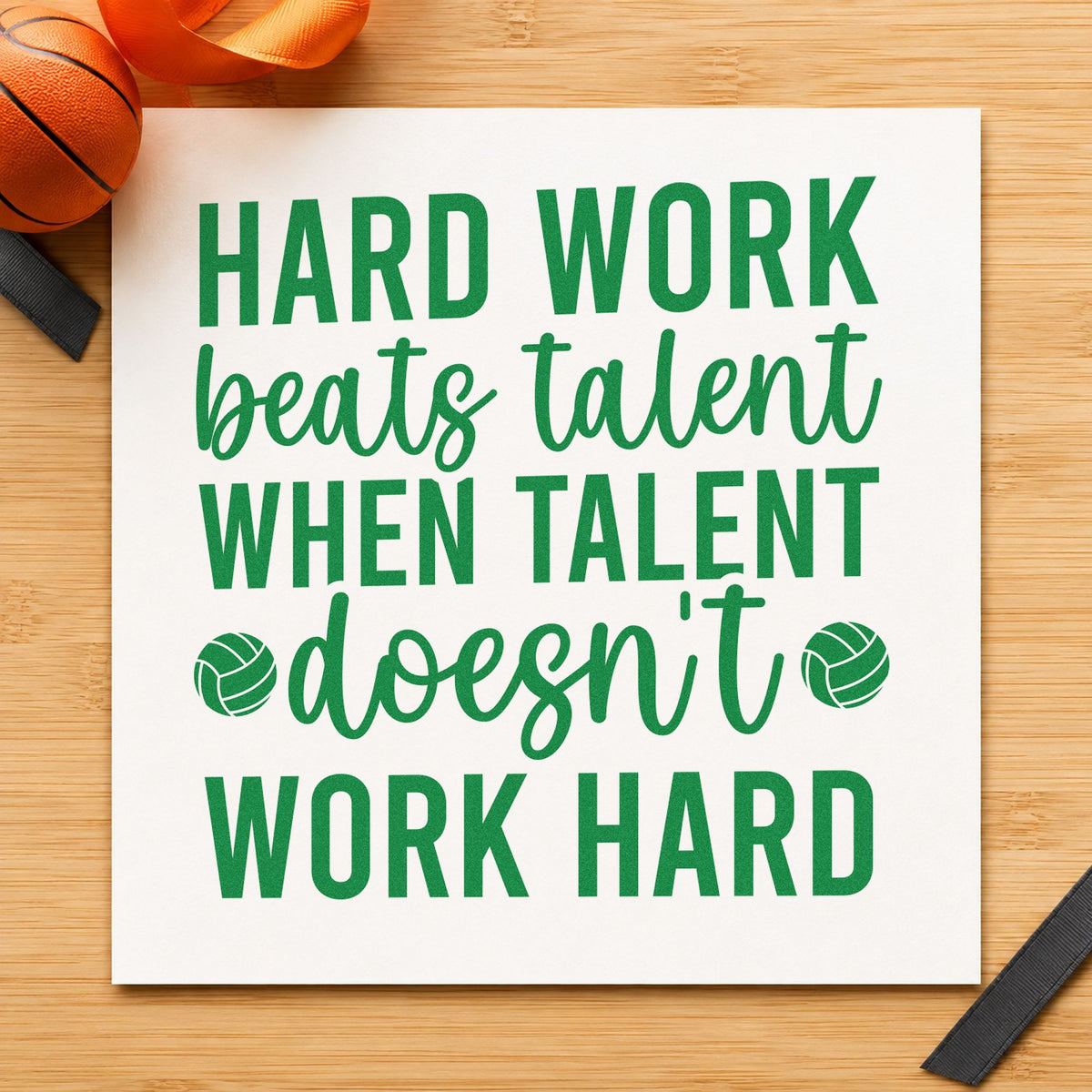 Hard Work Beats Talent craft stamp imprint in green ink on a handmade project, one idea being skill note cards.