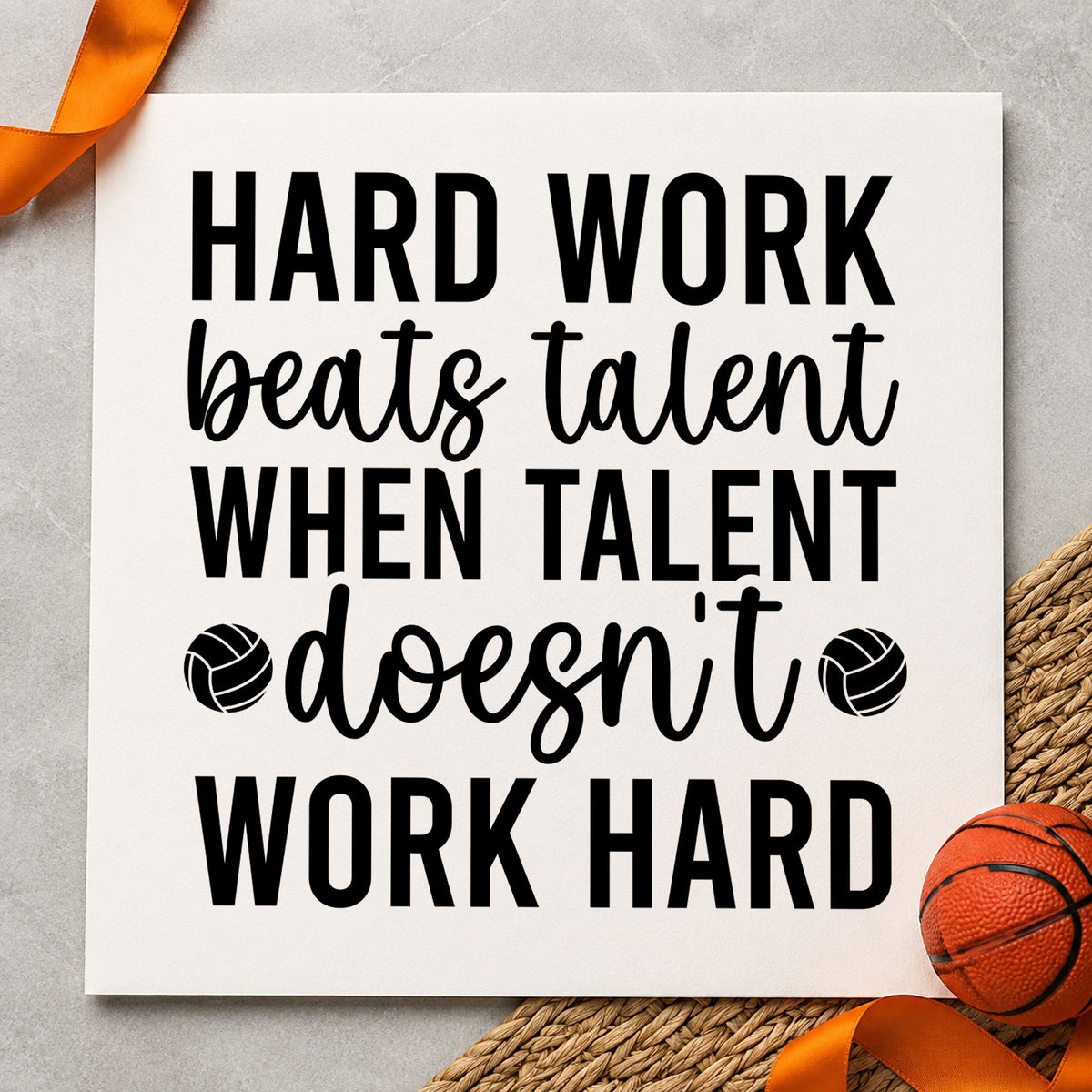 Hard Work Beats Talent rubber stamp printed in black ink, ready for two ball cards and similar paper crafts.