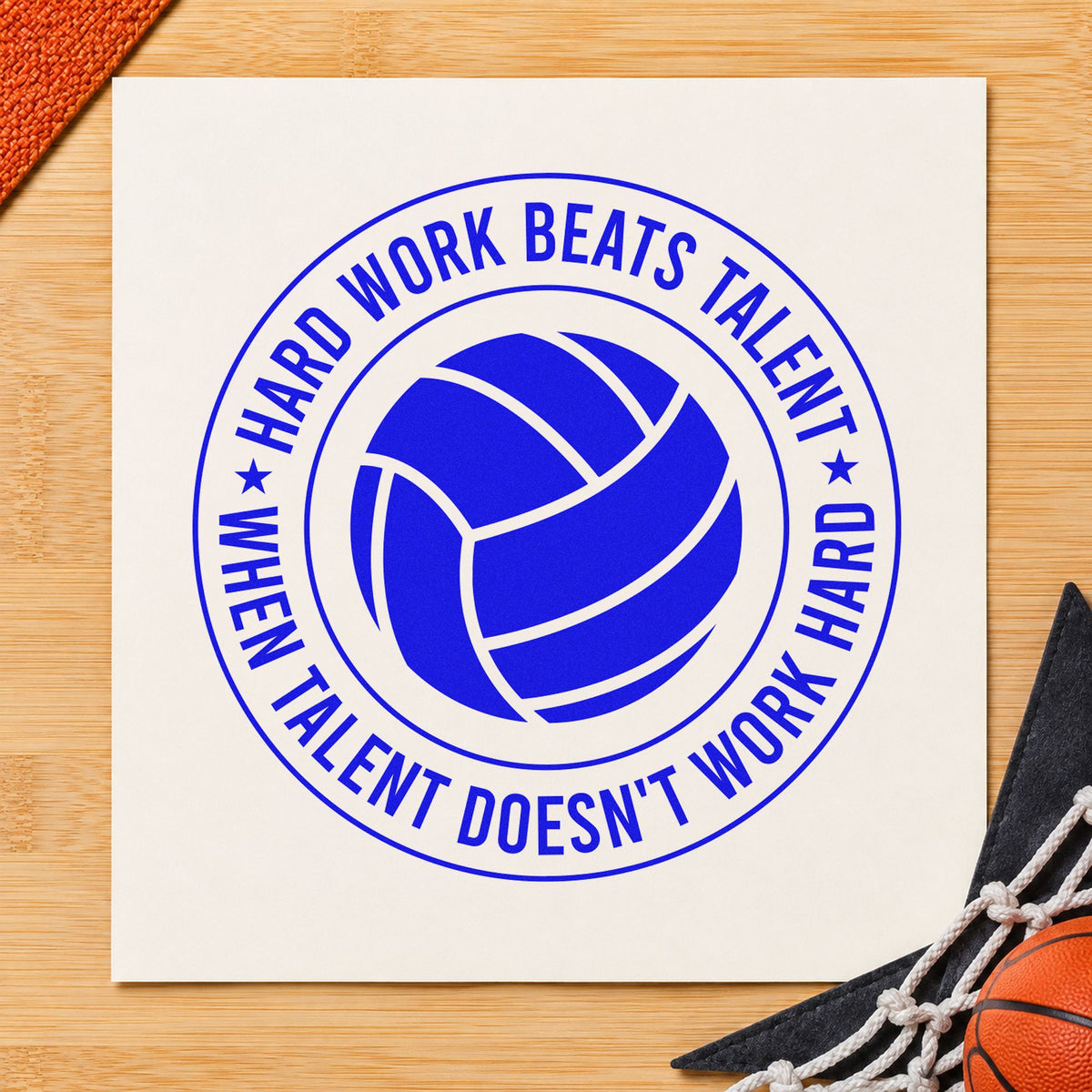 Hard Work Beats Talent craft stamp in blue ink on cardstock, an easy option for practice jersey printing.