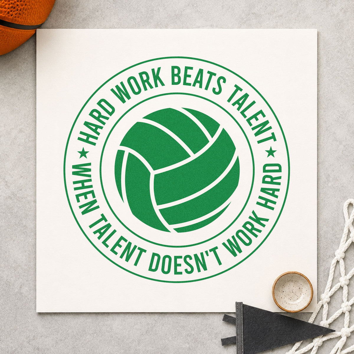 Hard Work Beats Talent craft stamp imprint in green ink on a handmade project, one idea being serve receive cards.