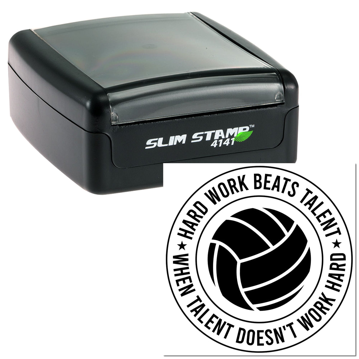 Black Slim Stamp 4141 and circular white-and-black seal with volleyball emblem and Hard work beats talent text