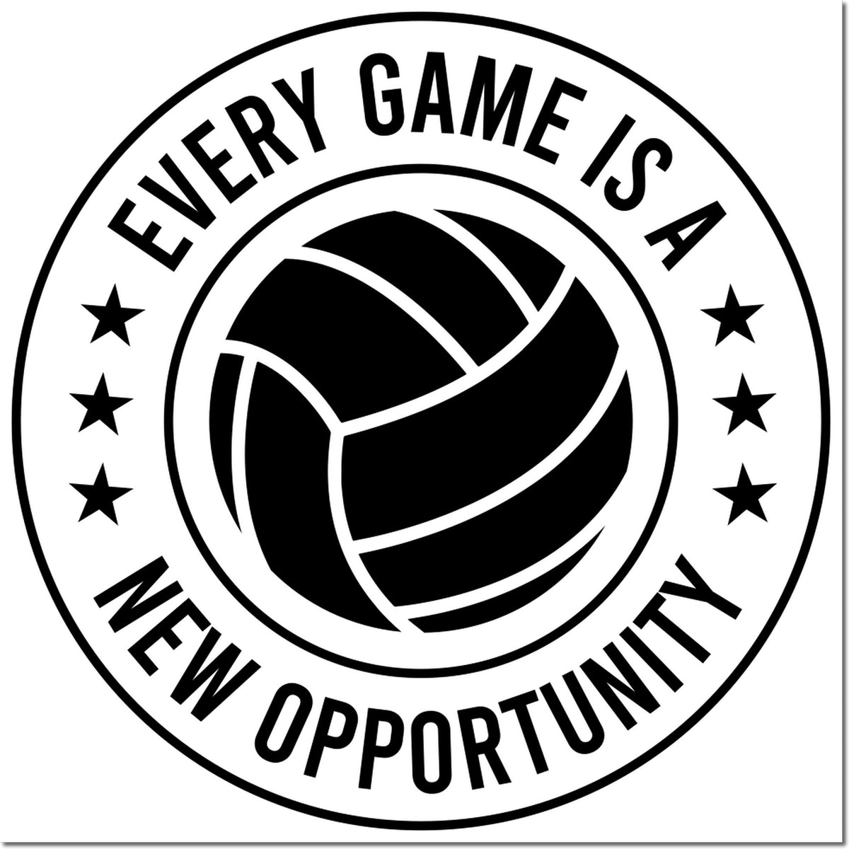 Black-and-white circular stamp seal with volleyball icon, stars, and text Every Game Is a New Opportunity.