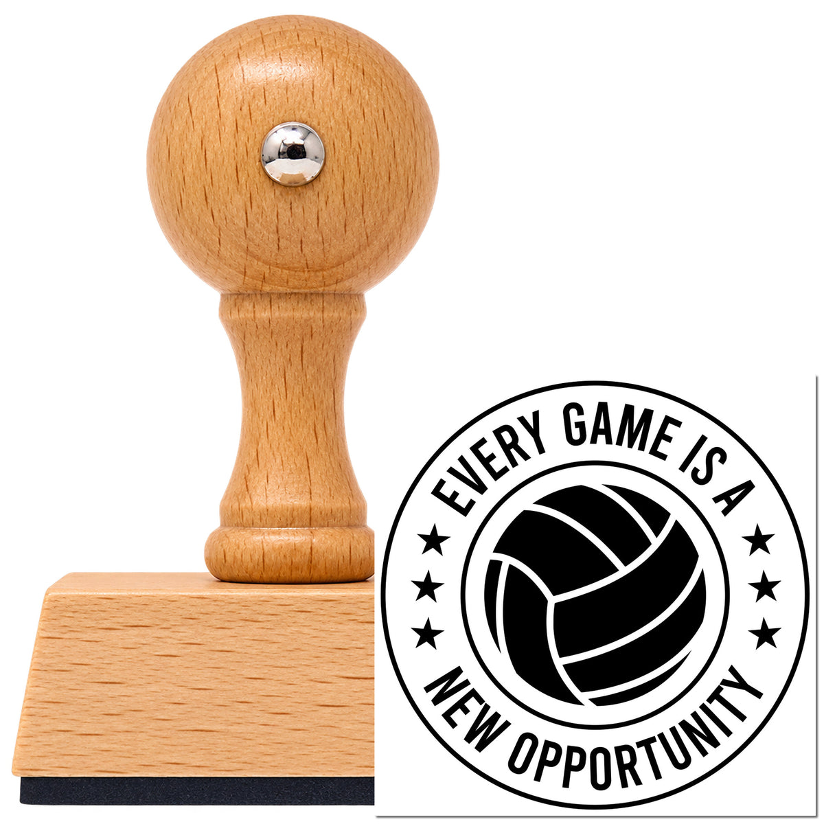 Vintage Pro beech wood stamp with a round knob handle, shown with its black Volleyball Stars With New Opportunity Quote imprint on white.