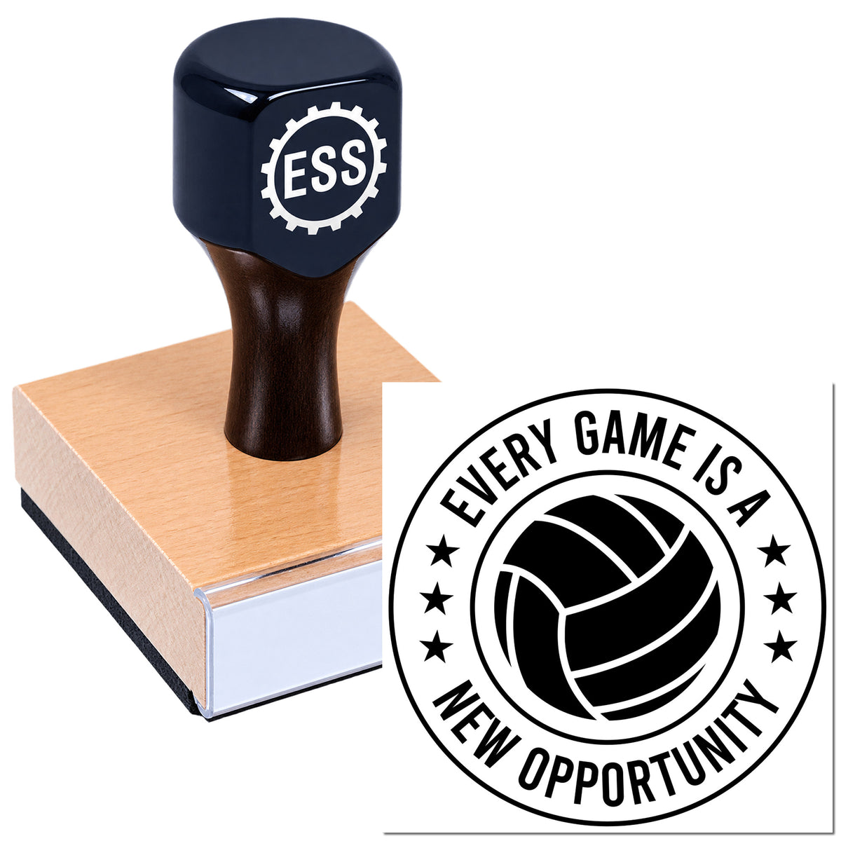 Black ESS rubber stamp on a wooden block beside a black-and-white volleyball seal reading "Every game is a new opportunity."