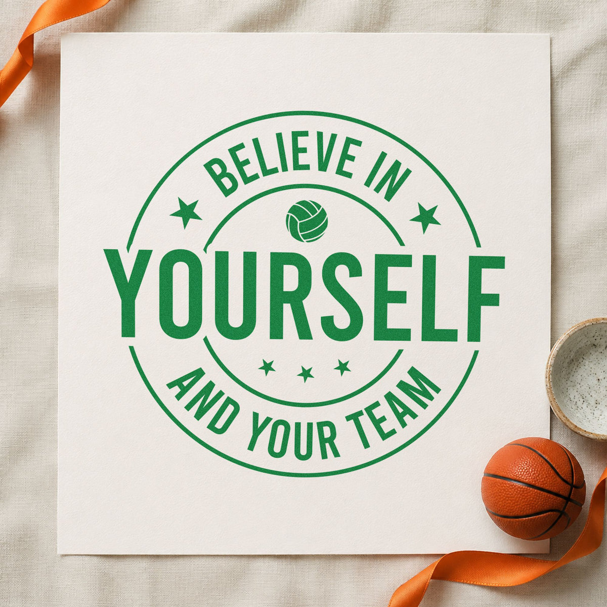 Believe Yourself Your Team craft stamp in green ink on cardstock, an easy option for squad season album page.