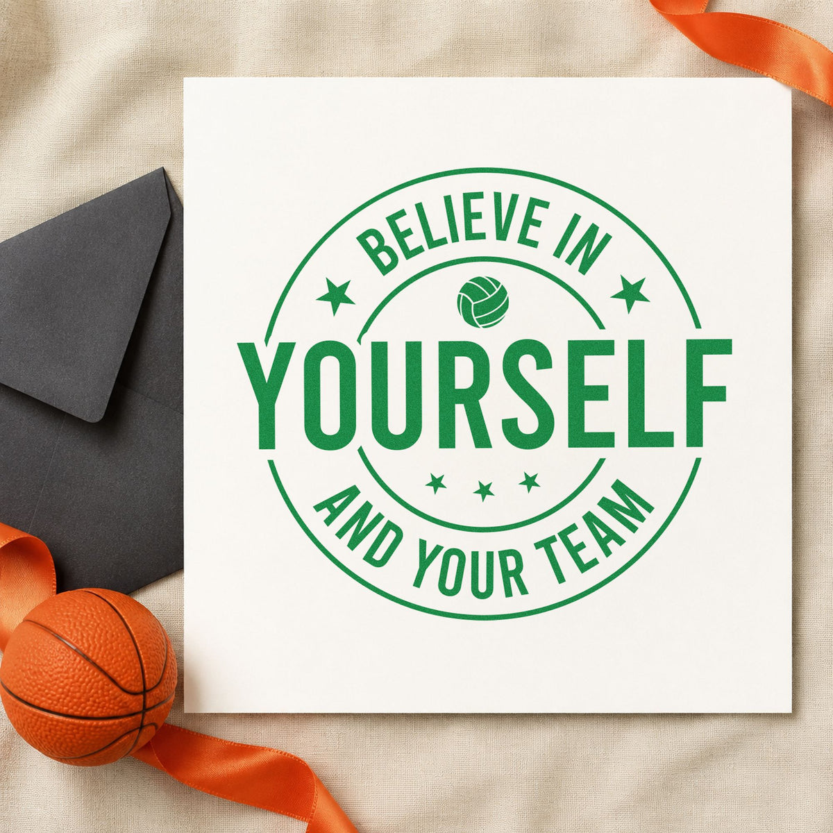 Believe Yourself Your Team craft stamp imprint in green ink on a handmade project, one idea being drill focus cards.