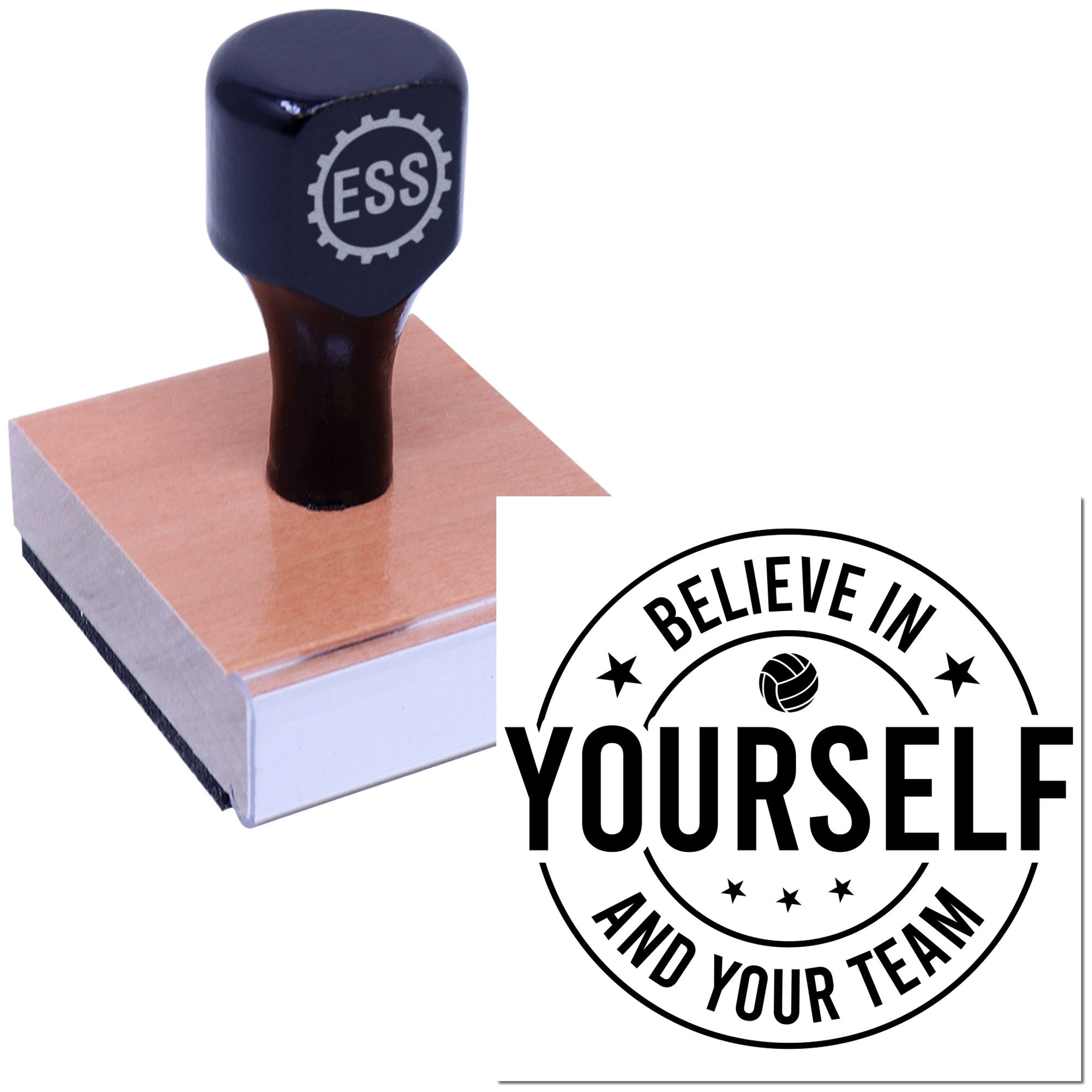 Black ESS rubber stamp on pink seal block, with round black seal reading Believe in Yourself and Your Team.
