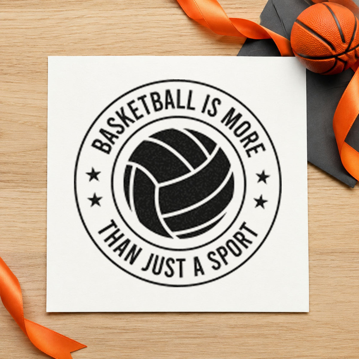 Basketball More Than Sport craft stamp in black ink on cardstock, an easy option for program album page.