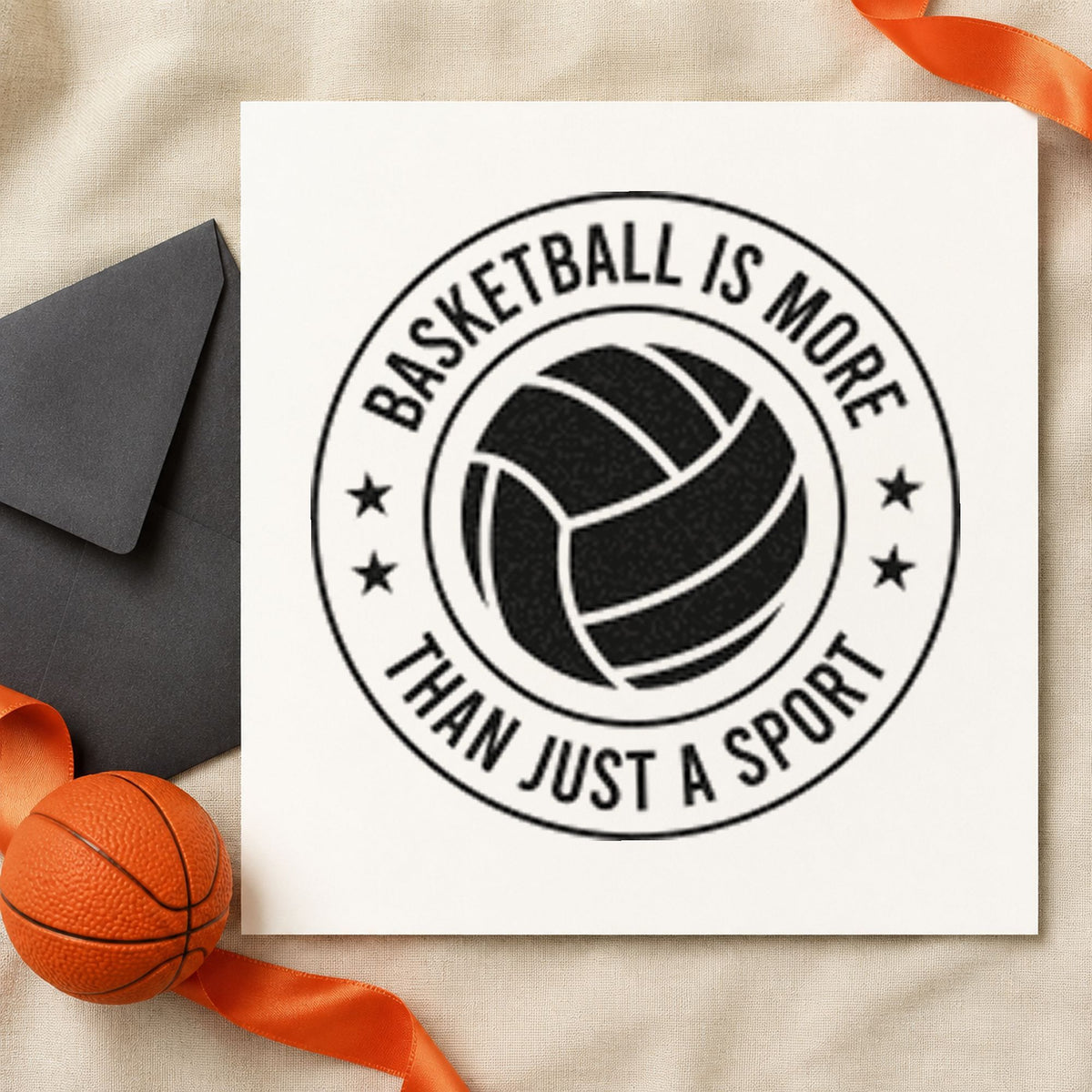 Basketball More Than Sport craft stamp imprint in black ink on a handmade project, one idea being buddy gift tags.
