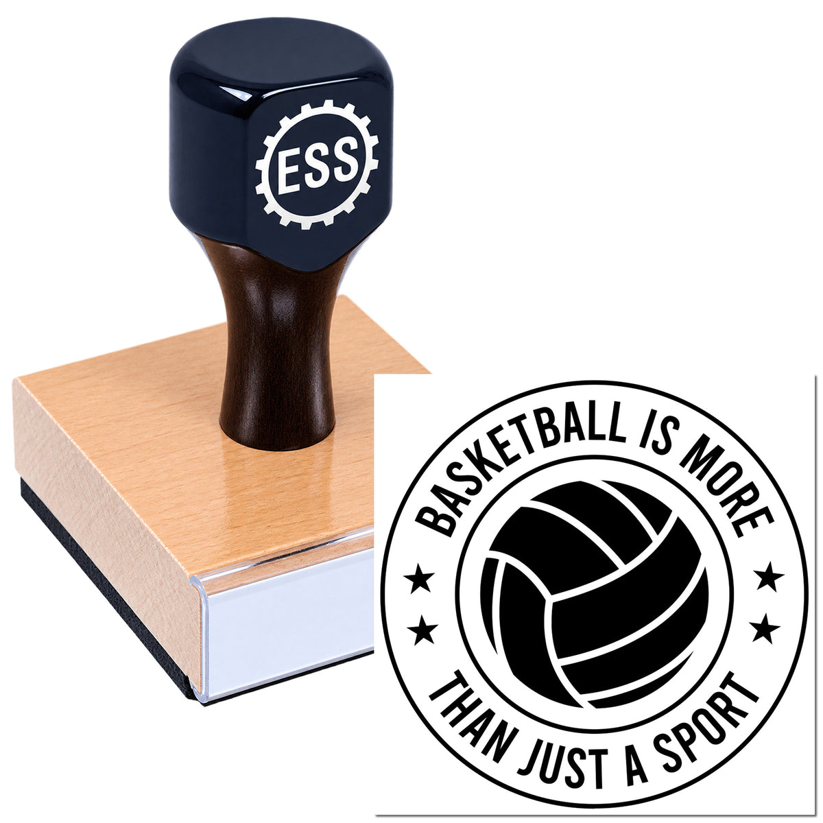 Black rubber stamp on a wooden base with ESS logo and basketball seal reading "Basketball is more than just a sport."