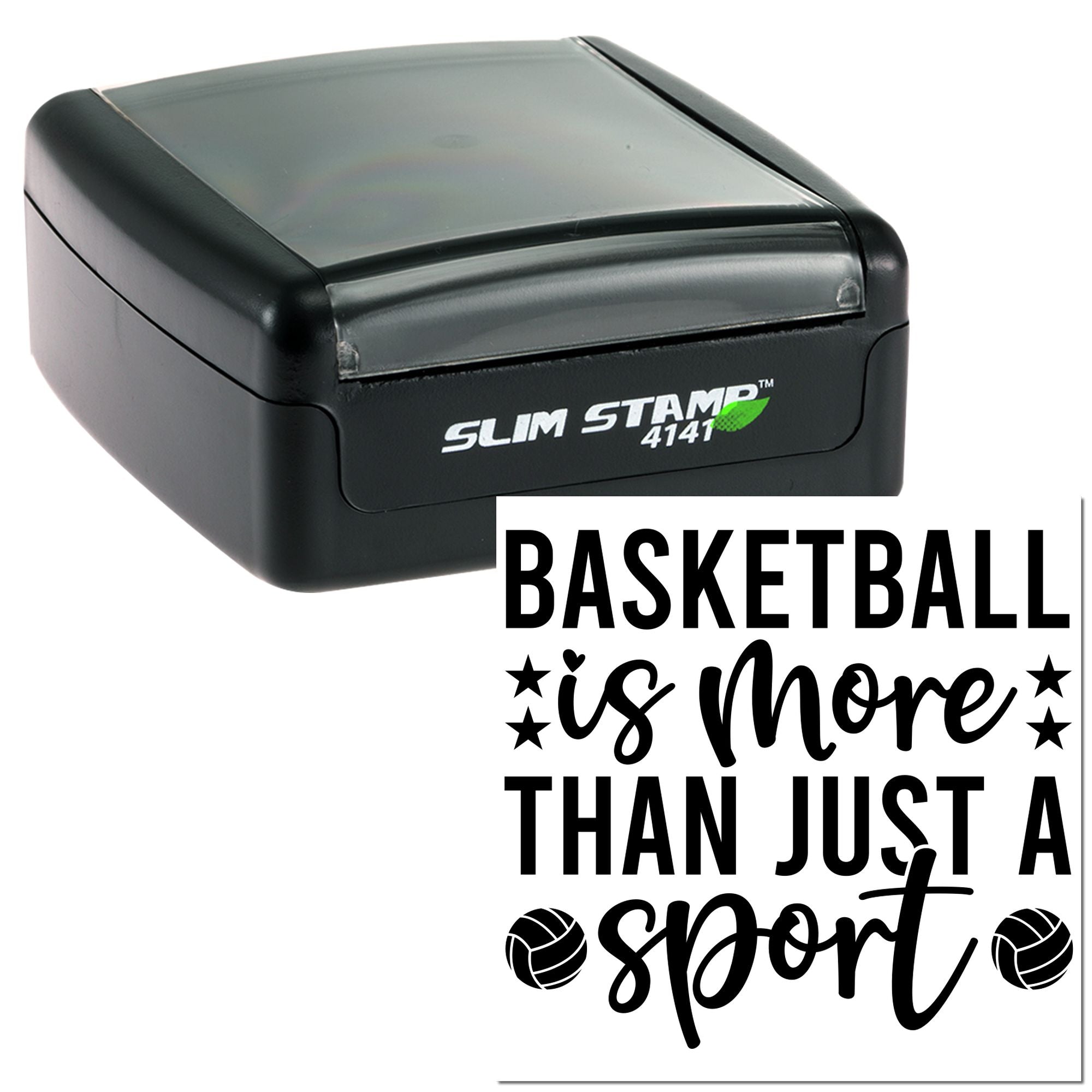 Black self-inking Slim Stamp seal with bold Basketball is more than just a sport text and ball icons on white paper.