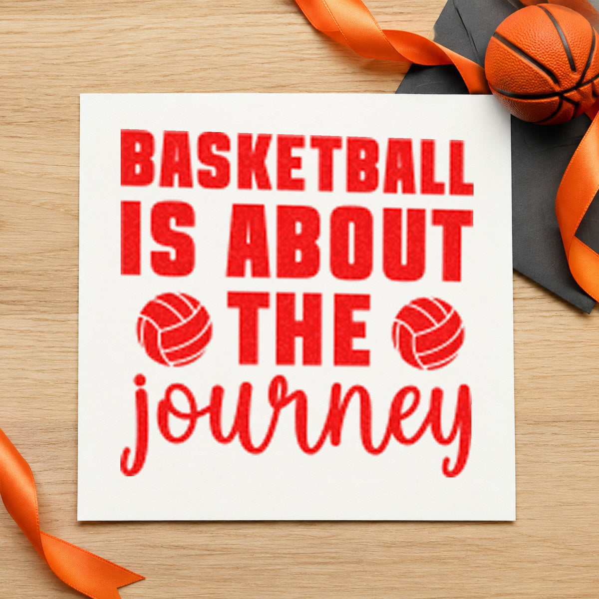 Basketball About The Journey craft stamp imprint in red ink on a handmade project, one idea being role brief cards.