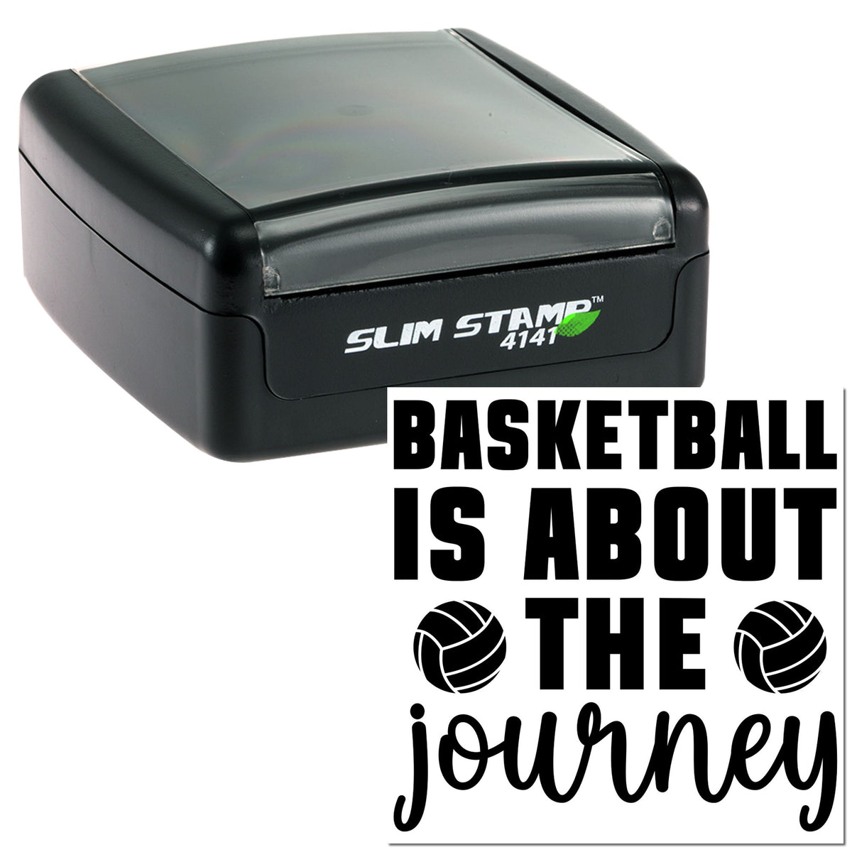 Black Slim Stamp 4141 self-inking stamp and basketball-themed seal with bold black text, volleyball icons, on white background.