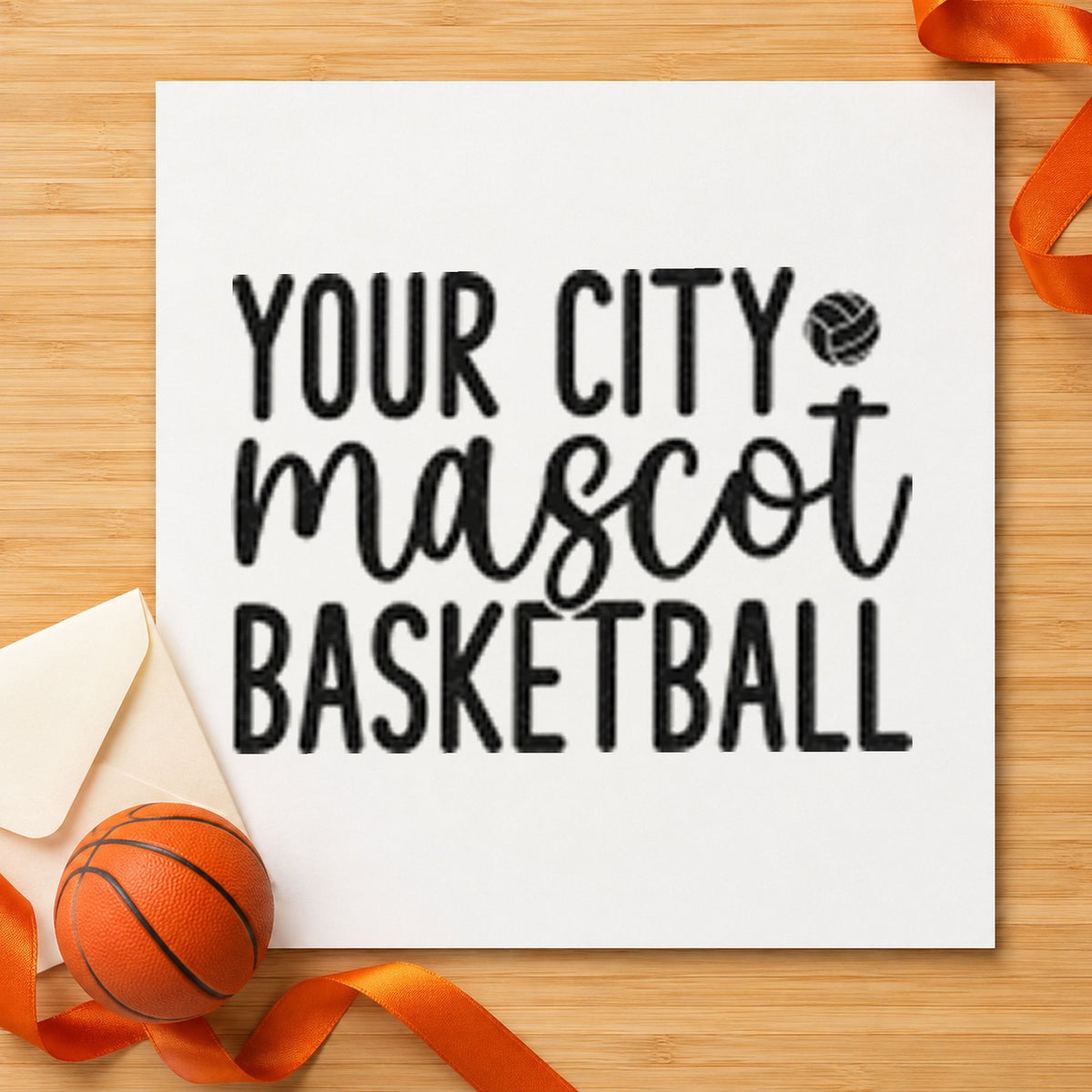 Your City Mascot Basketball craft stamp in black ink on cardstock, an easy option for merch album page.