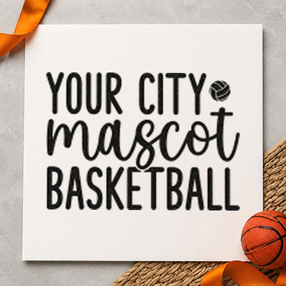 Your City Mascot Basketball craft stamp imprint in black ink on a handmade project, one idea being order bag gift tags.
