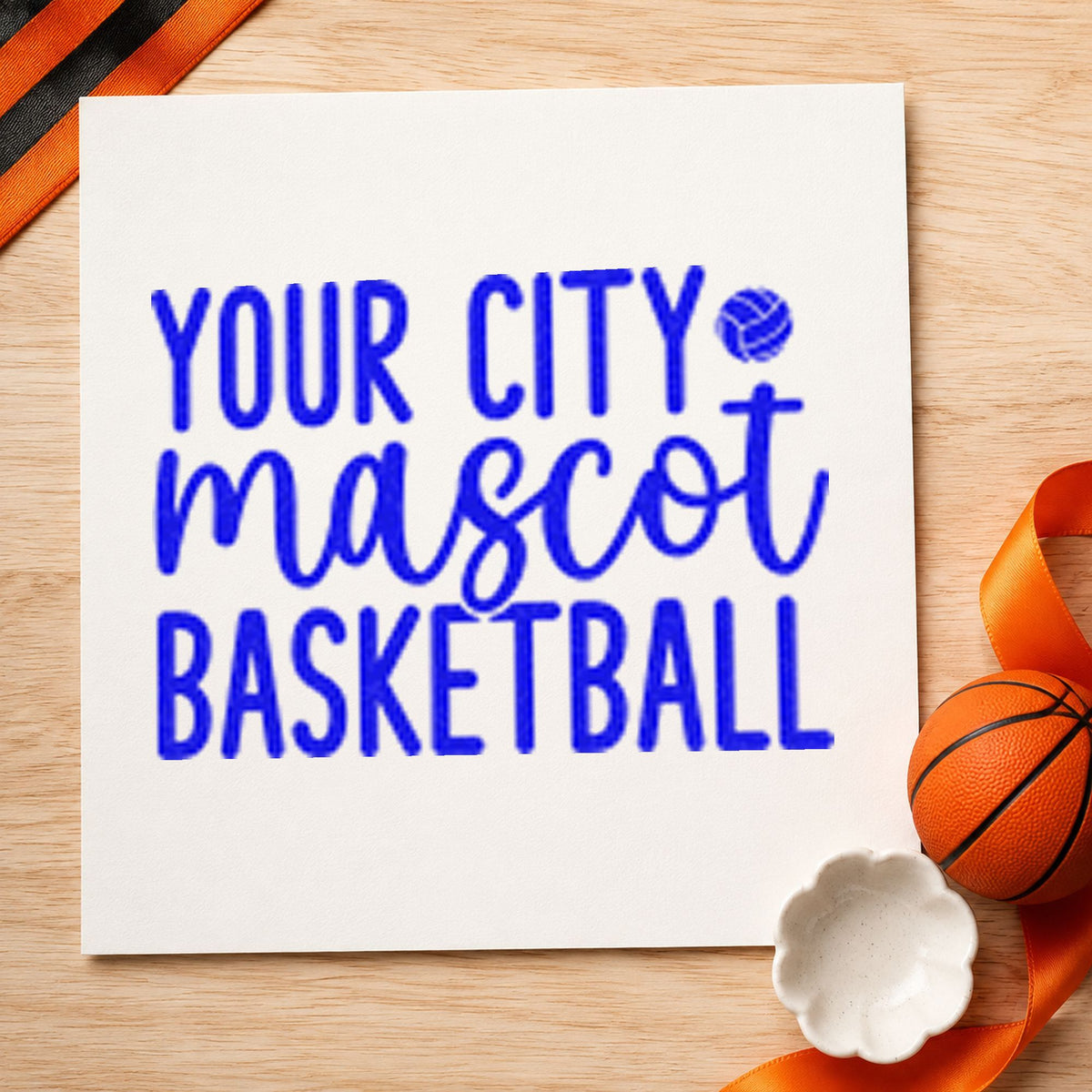 Your City Mascot Basketball craft stamp in blue ink on cardstock, an easy option for shop apron printing.