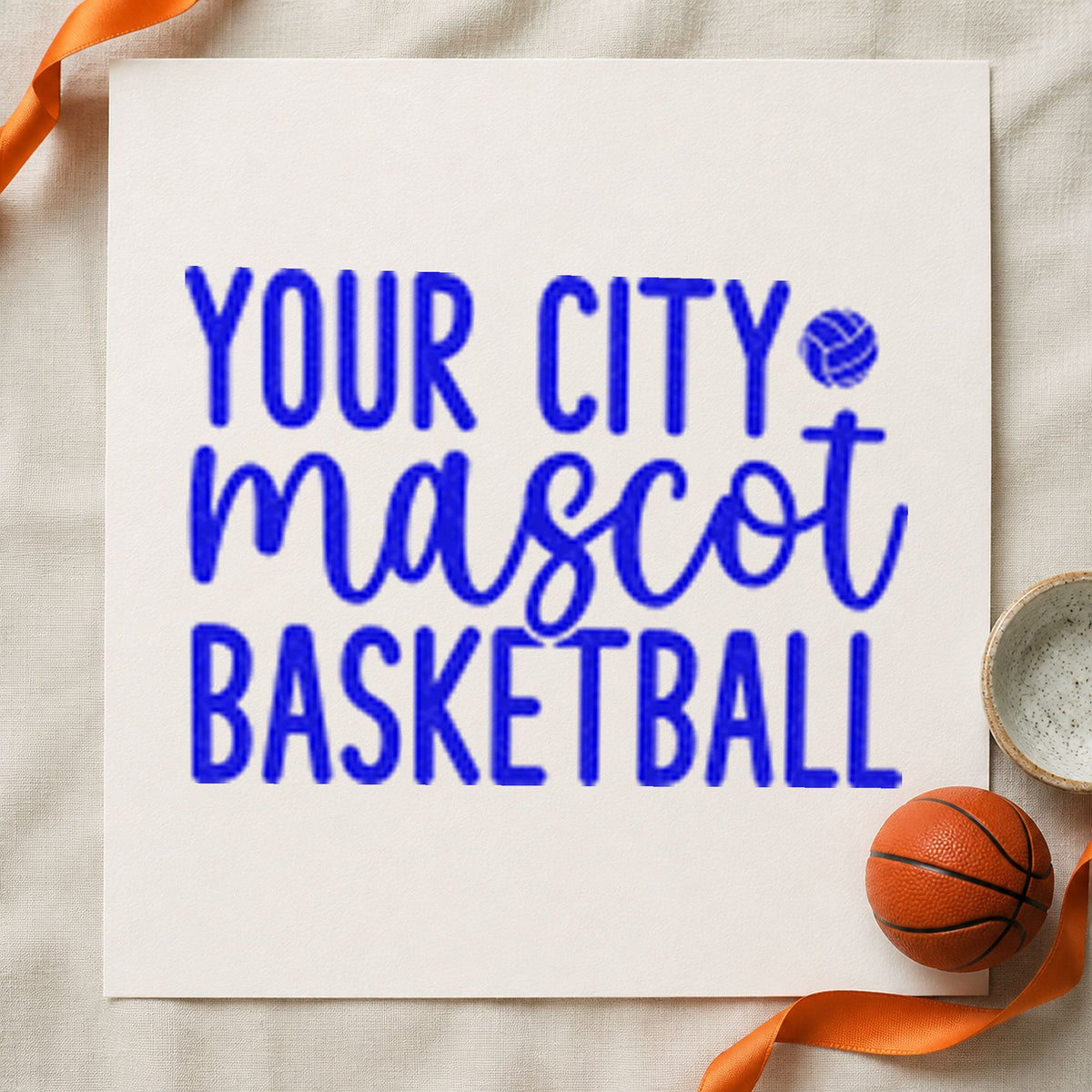 Your City Mascot Basketball craft stamp imprinted in blue ink on paper, a design suited to framed press room.