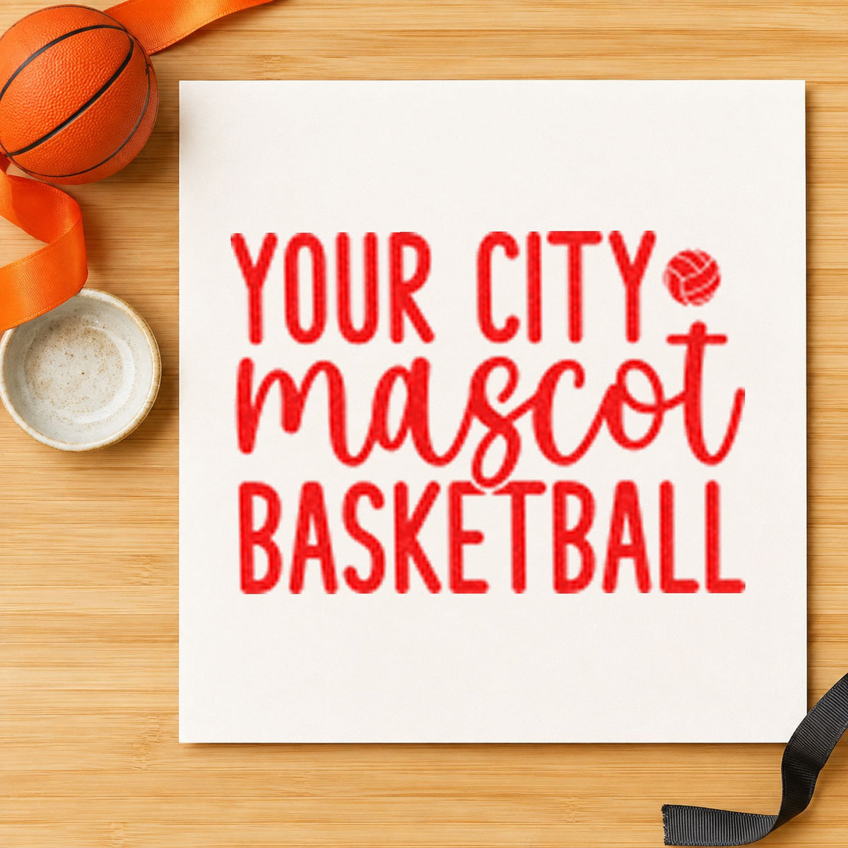 Your City Mascot Basketball craft stamp imprint in red ink on a handmade project, one idea being size run cards.