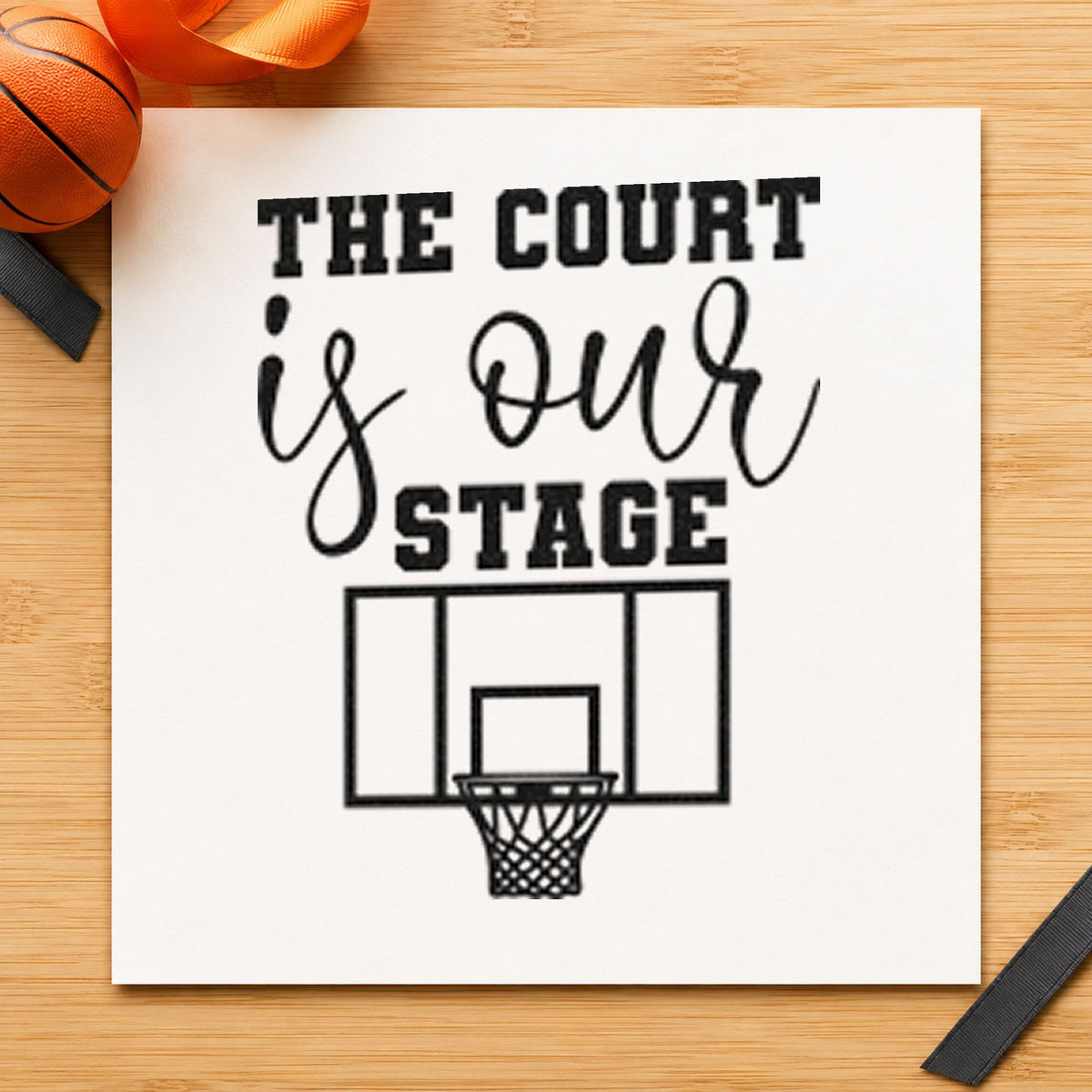 Court Our Stage Hoop craft stamp in black ink on cardstock, an easy option for broadcast album page.