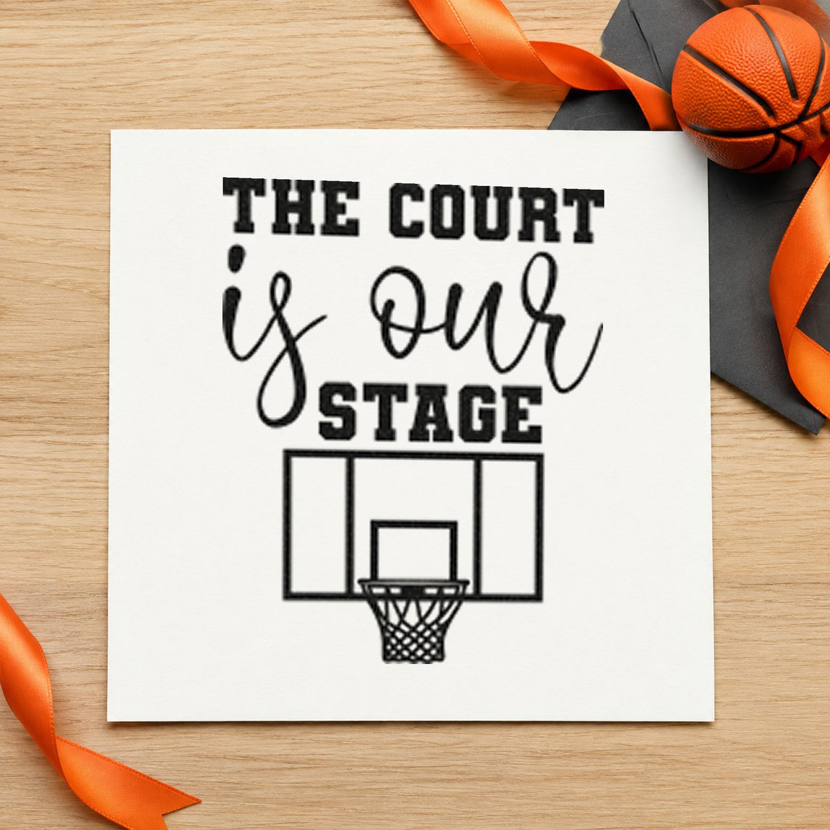 Court Our Stage Hoop craft stamp imprint in black ink on a handmade project, one idea being headset gift tags.