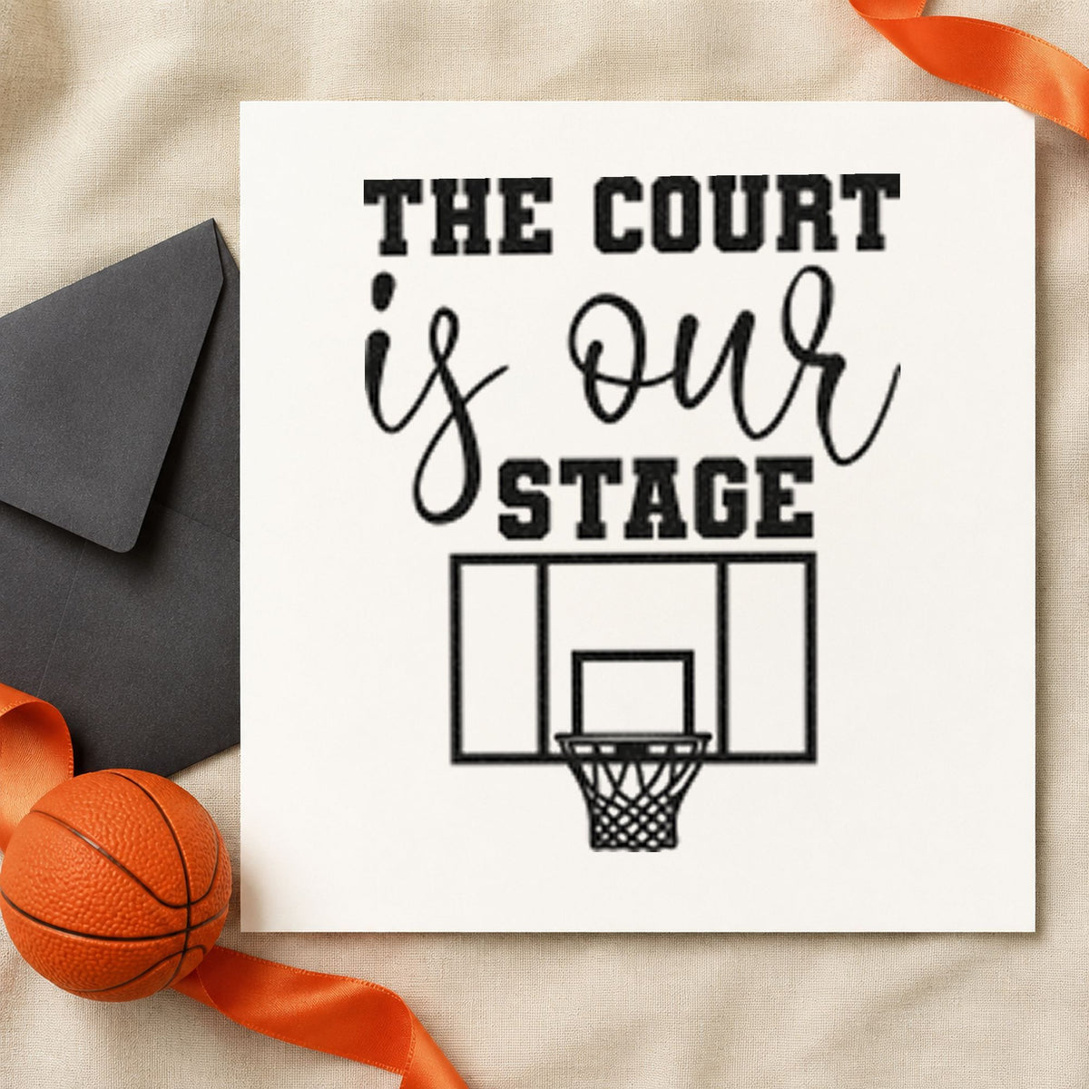 Court Our Stage Hoop rubber stamp printed in black ink, ready for roster prep sheet and similar paper crafts.