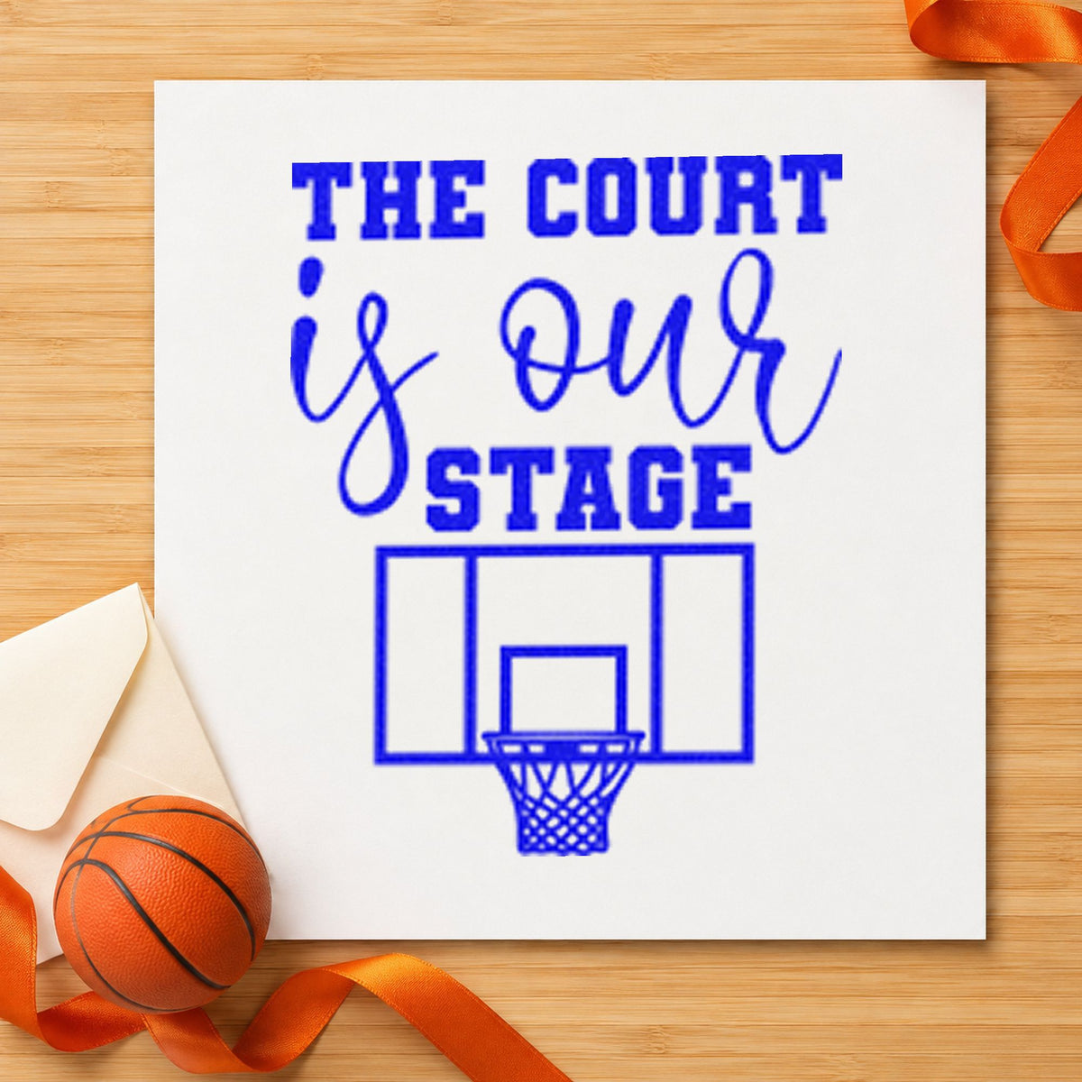 Court Our Stage Hoop craft stamp in blue ink on cardstock, an easy option for booth drape printing.