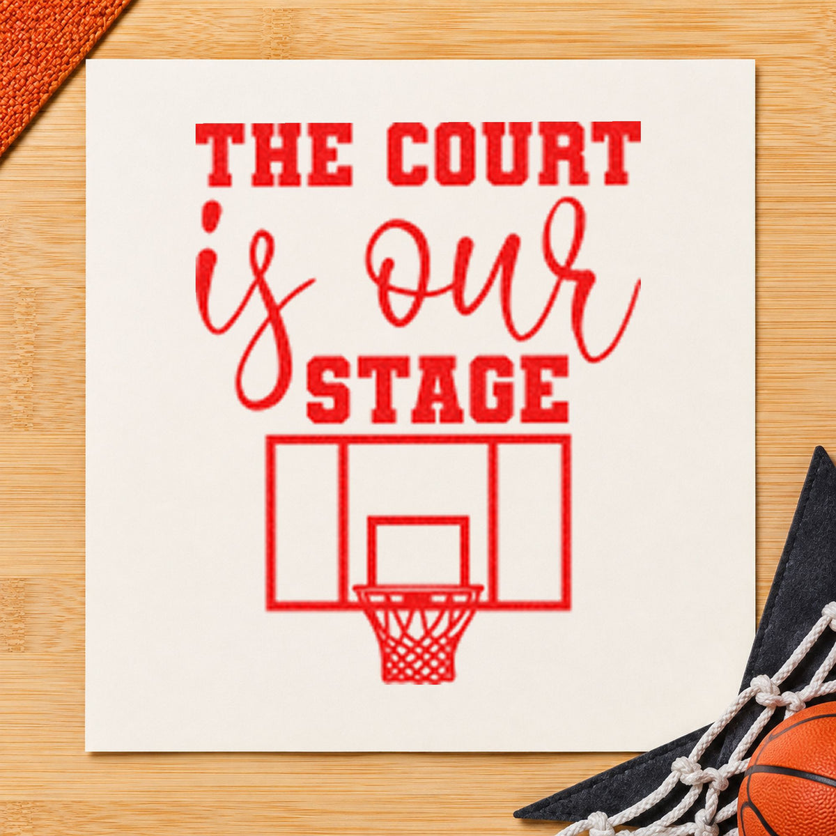 Court Our Stage Hoop rubber stamp shown in red ink, stamped for projects such as bin cable labels.