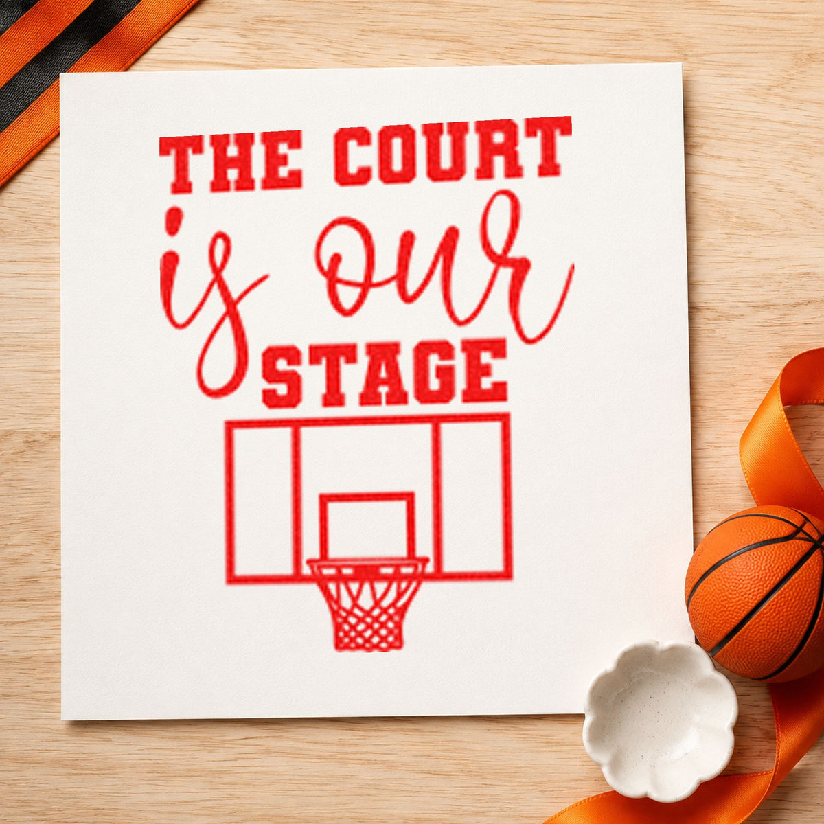 Court Our Stage Hoop craft stamp imprint in red ink on a handmade project, one idea being call note cards.