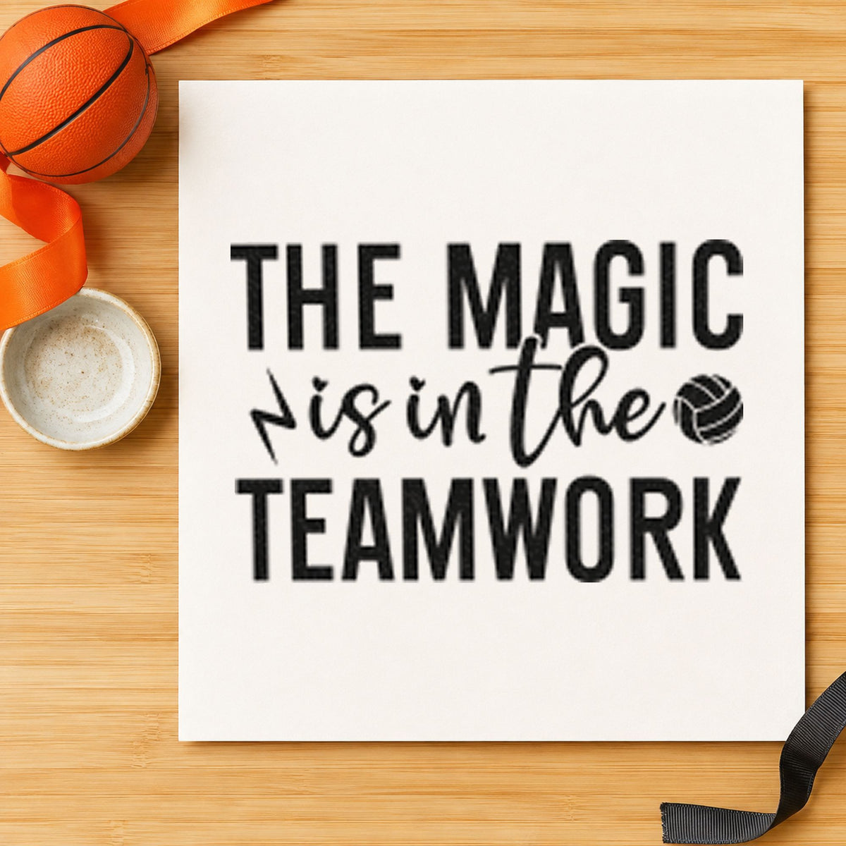 Magic Is In Teamwork craft stamp imprint in black ink on a handmade project, one idea being whistle gift tags.
