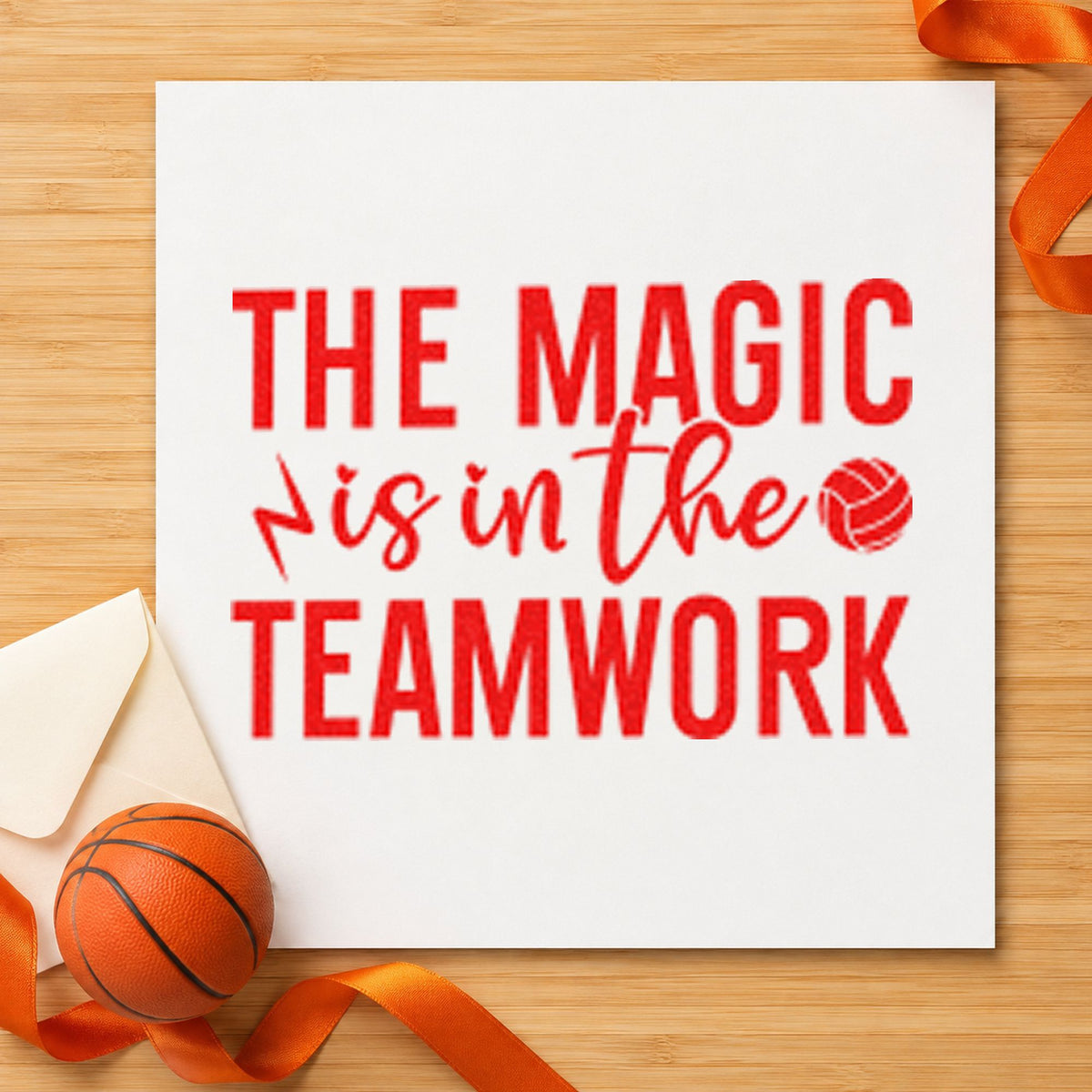 Magic Is In Teamwork craft stamp imprint in red ink on a handmade project, one idea being pregame note cards.