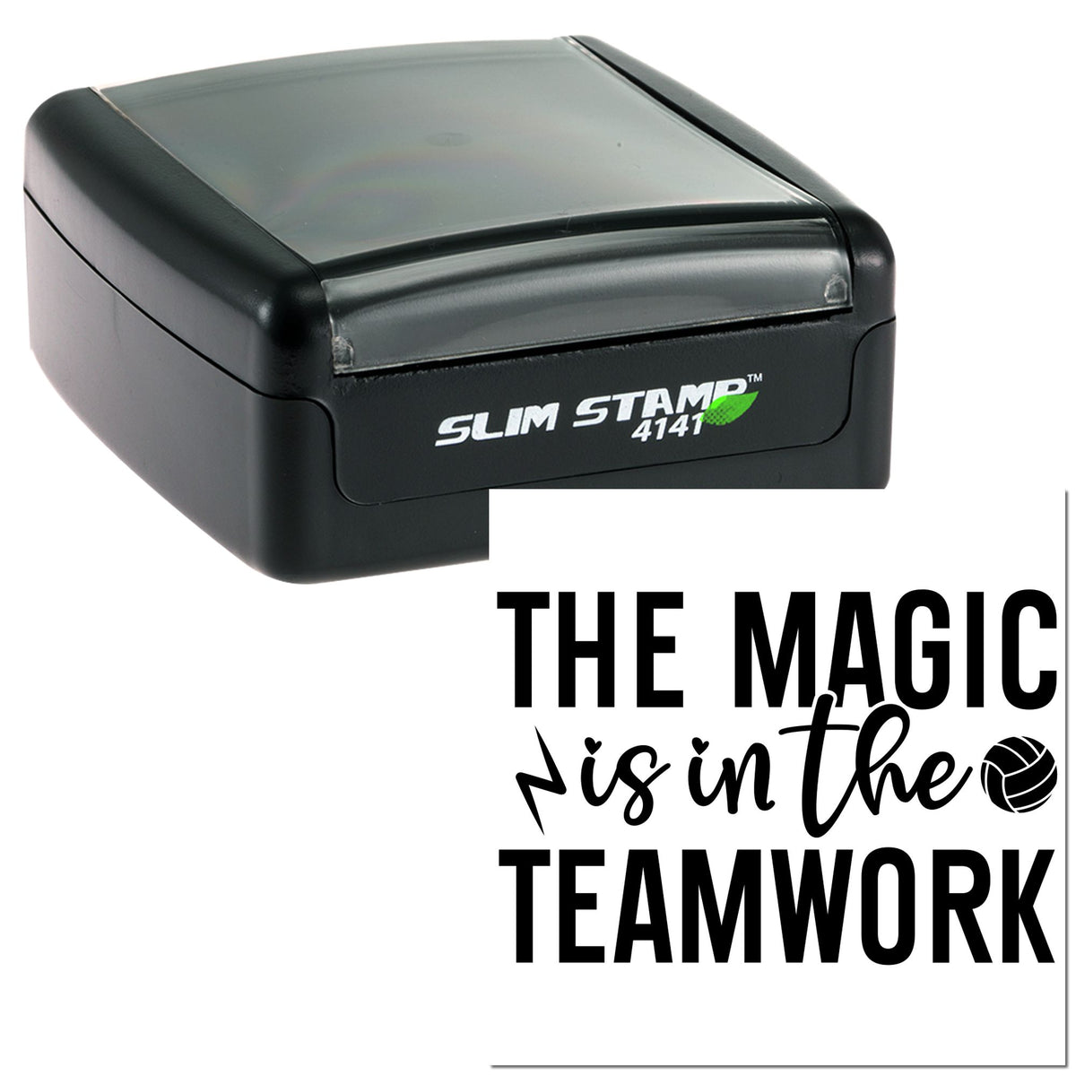 Black Slim Stamp 4141 self-inking stamp and seal with clear lid beside white card reading The Magic Is in the Teamwork.