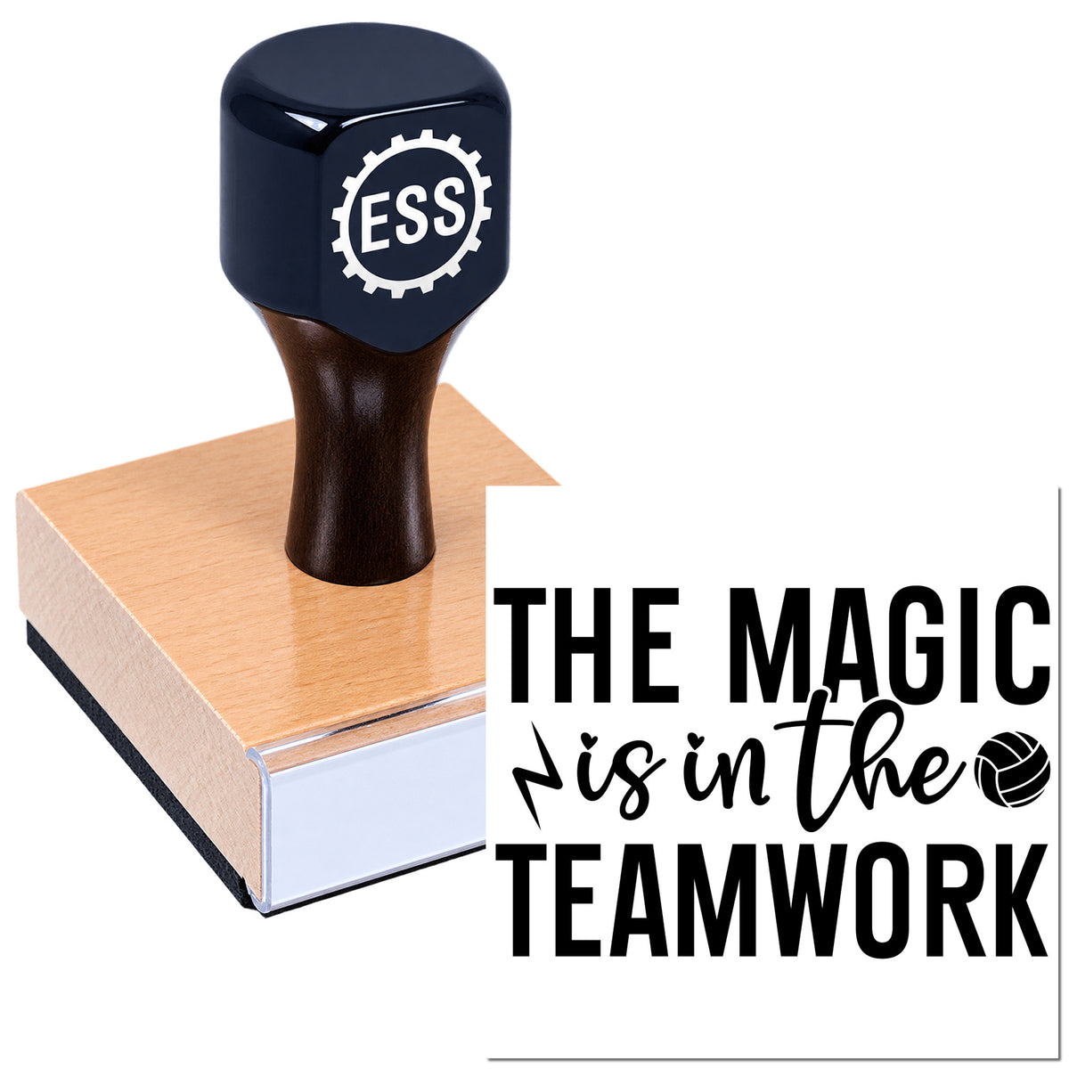 Navy blue custom rubber stamp with ESS logo on a wooden seal block, beside "The Magic is in the Teamwork" text.